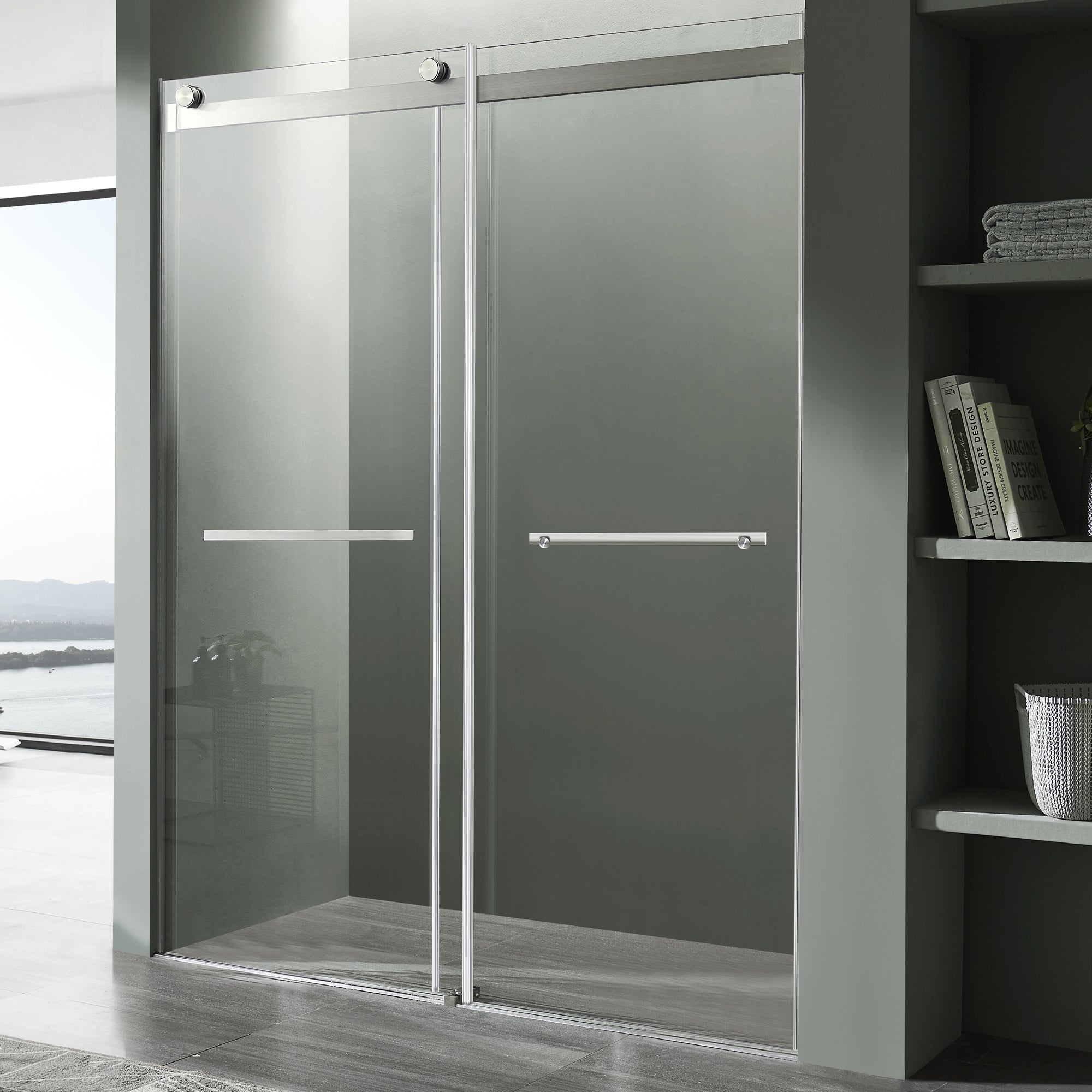 Kahn Series 60 in. x 76 in. Frameless Sliding Shower Door with Horizontal Handle