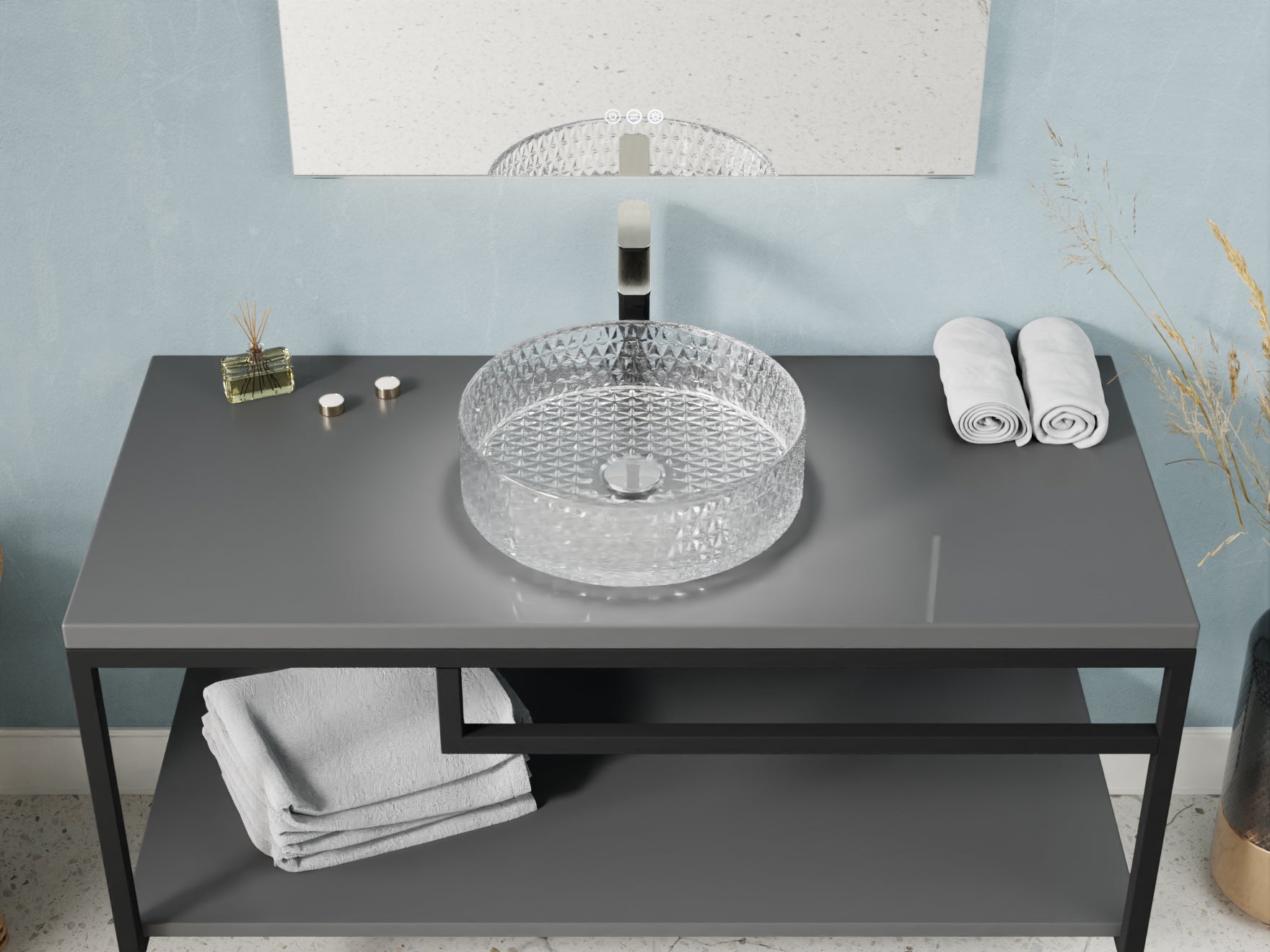 Celeste Round Clear Glass Vessel Bathroom Sink with Faceted Pattern
