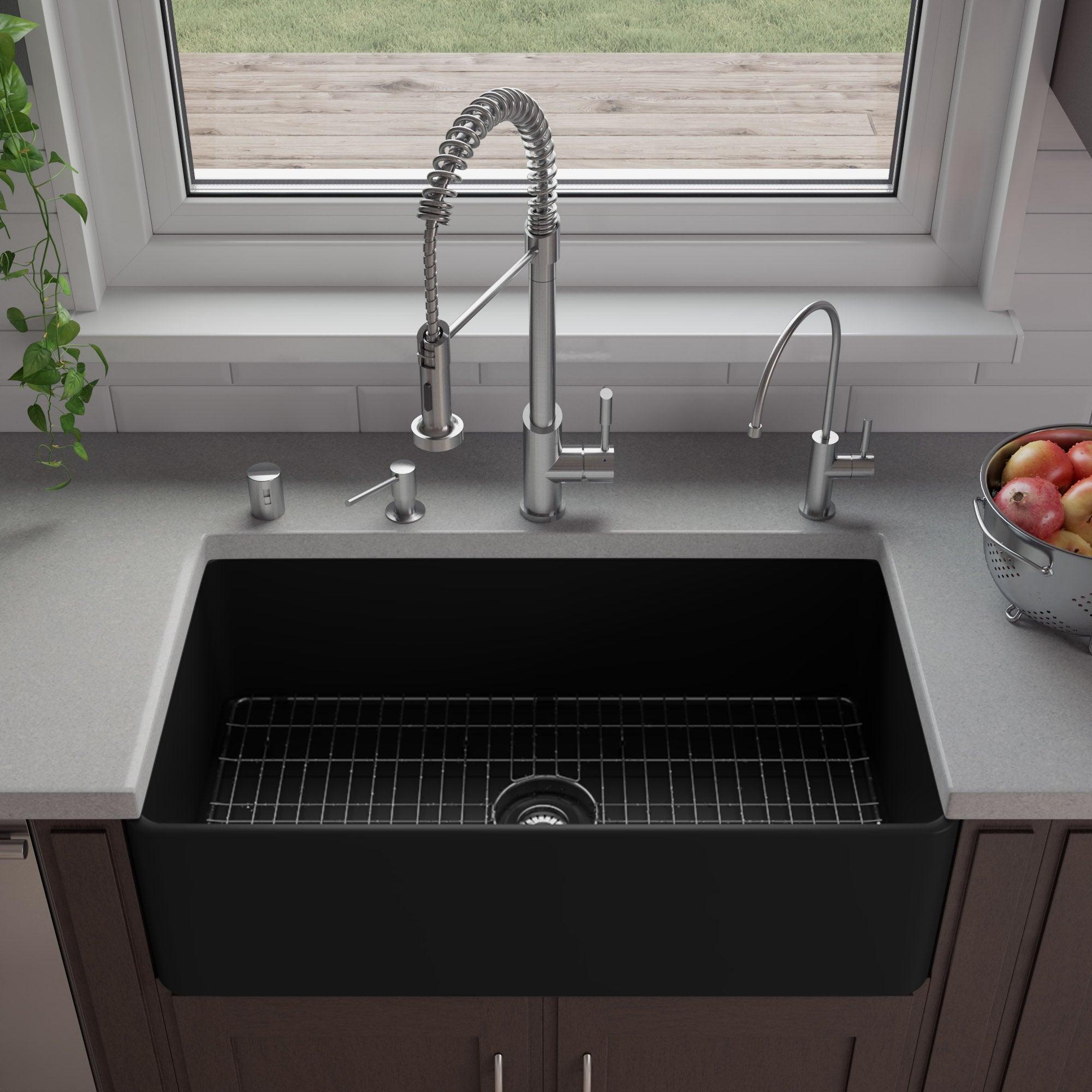 ALFI brand ABF3318S-BM Black Matte Smooth Apron 33" x 18" Single Bowl Fireclay Farm Sink