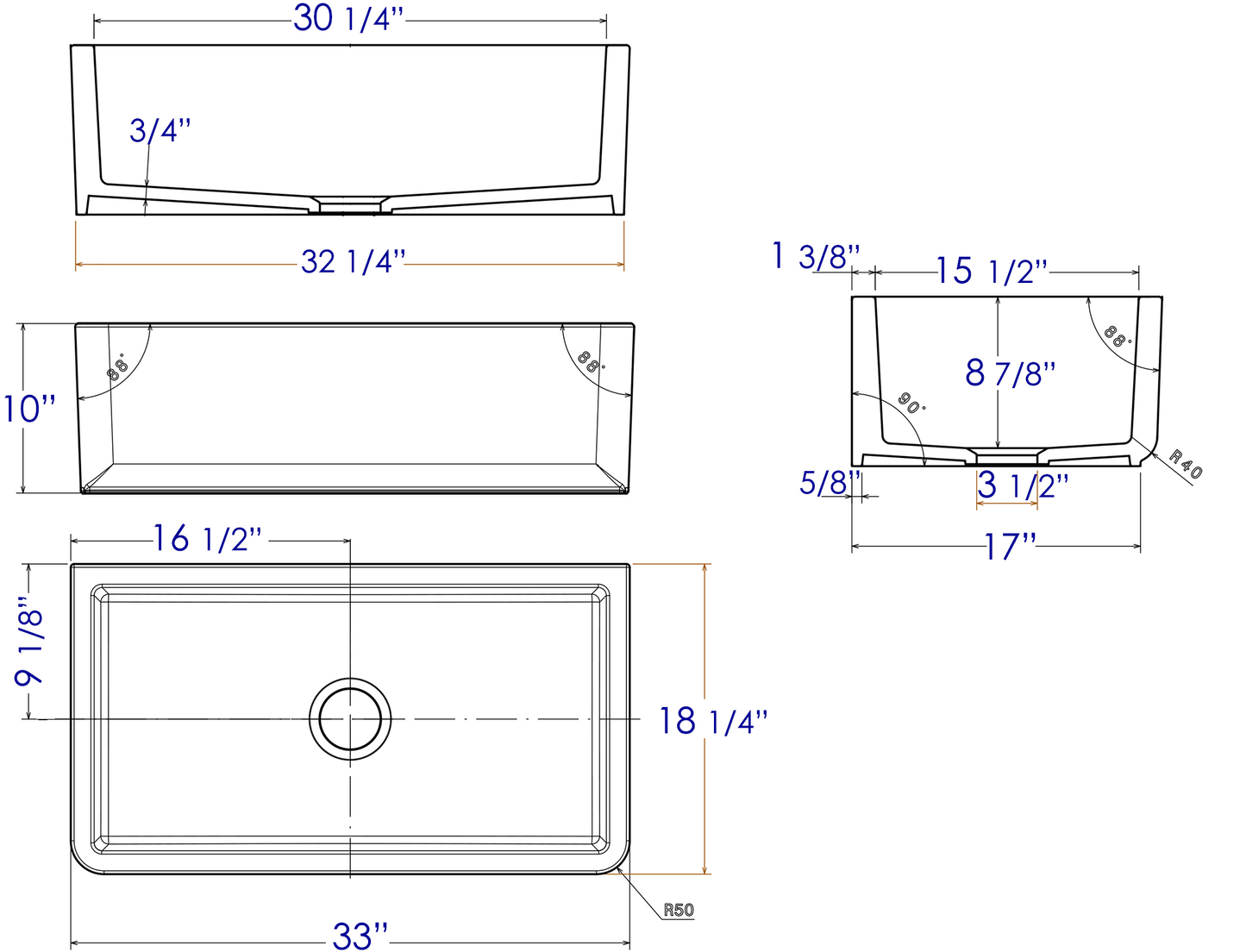 ALFI brand AB3318SB-W 33" White Smooth Apron Solid Thick Wall Fireclay Single Bowl Farm Sink