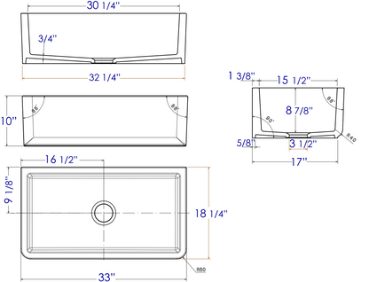 ALFI brand AB3318SB-W 33" White Smooth Apron Solid Thick Wall Fireclay Single Bowl Farm Sink