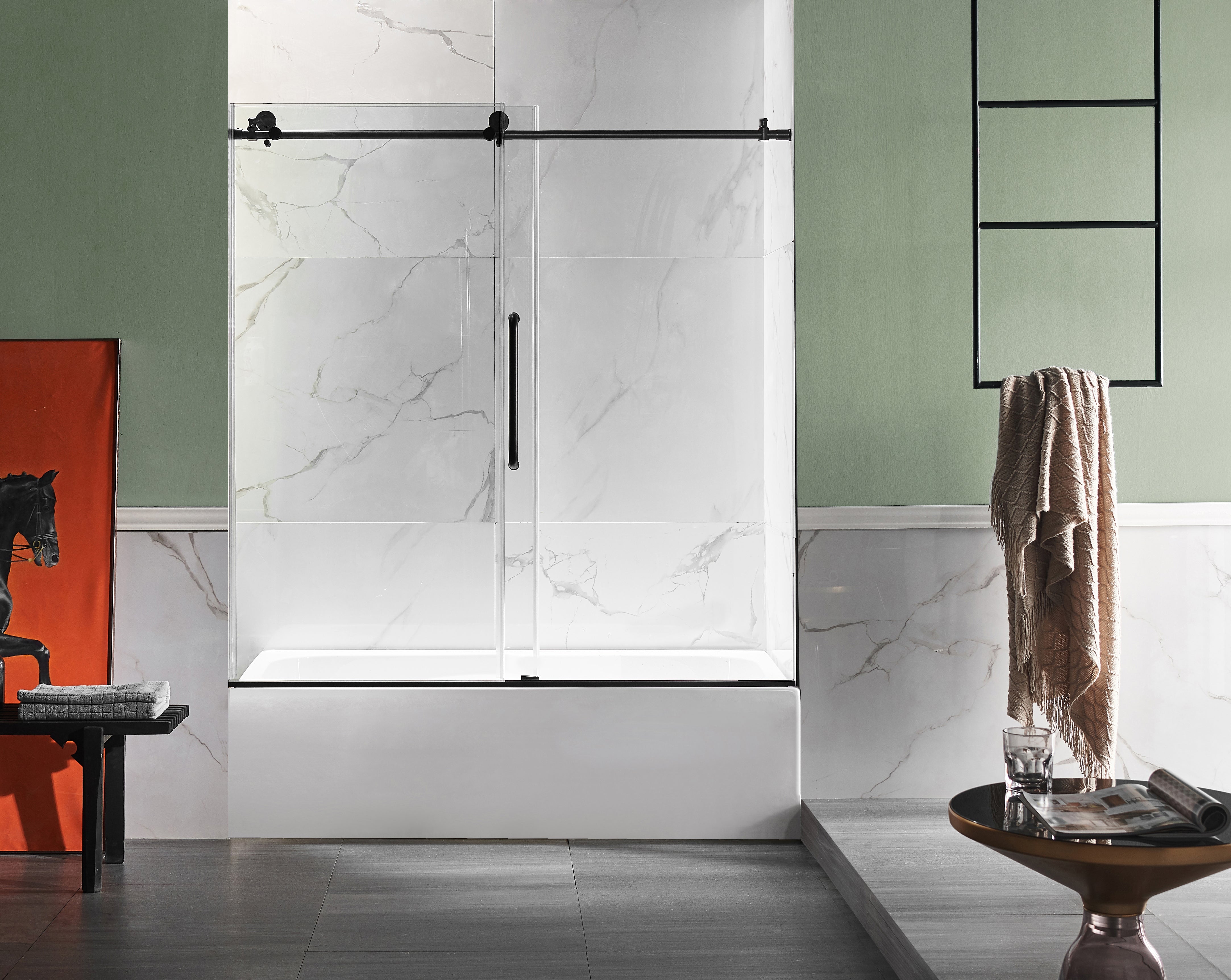 Anzzi 5 ft. Acrylic Rectangle Tub in White With 60 in. x 62 in. Frameless Sliding Tub Door