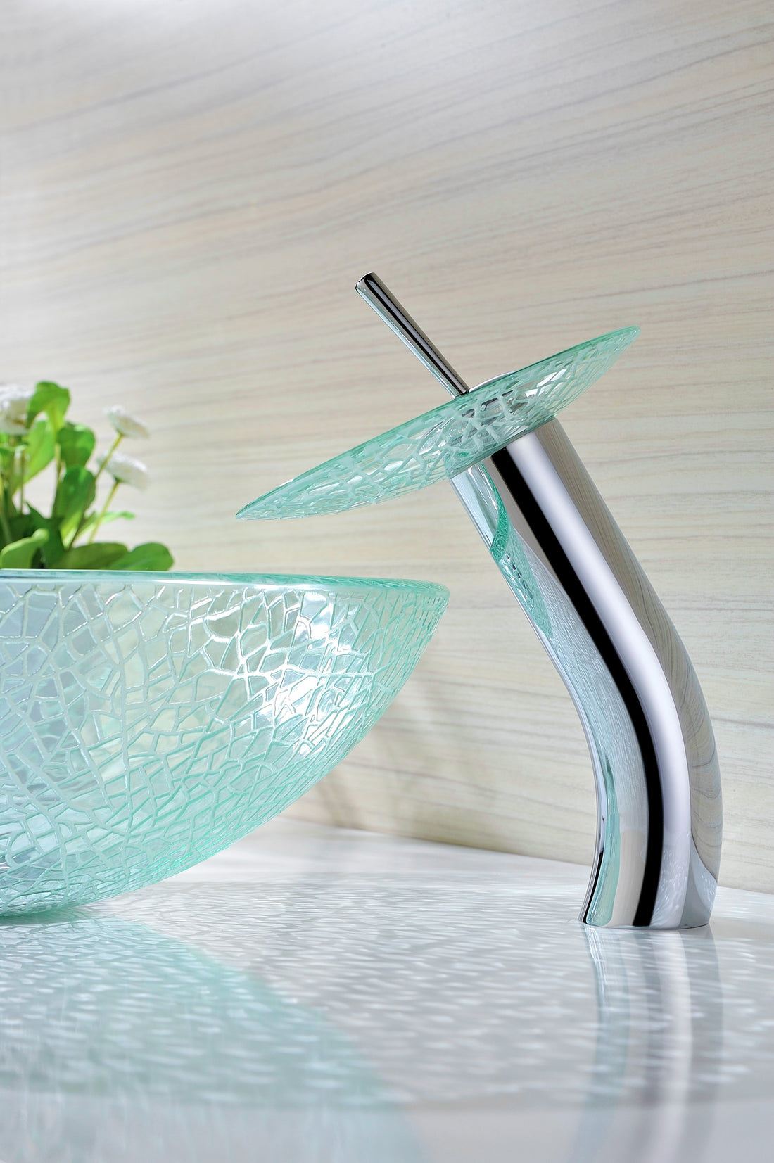 Choir Series Deco-Glass Vessel Sink in Crystal Clear Mosaic with Matching Chrome Waterfall Faucet