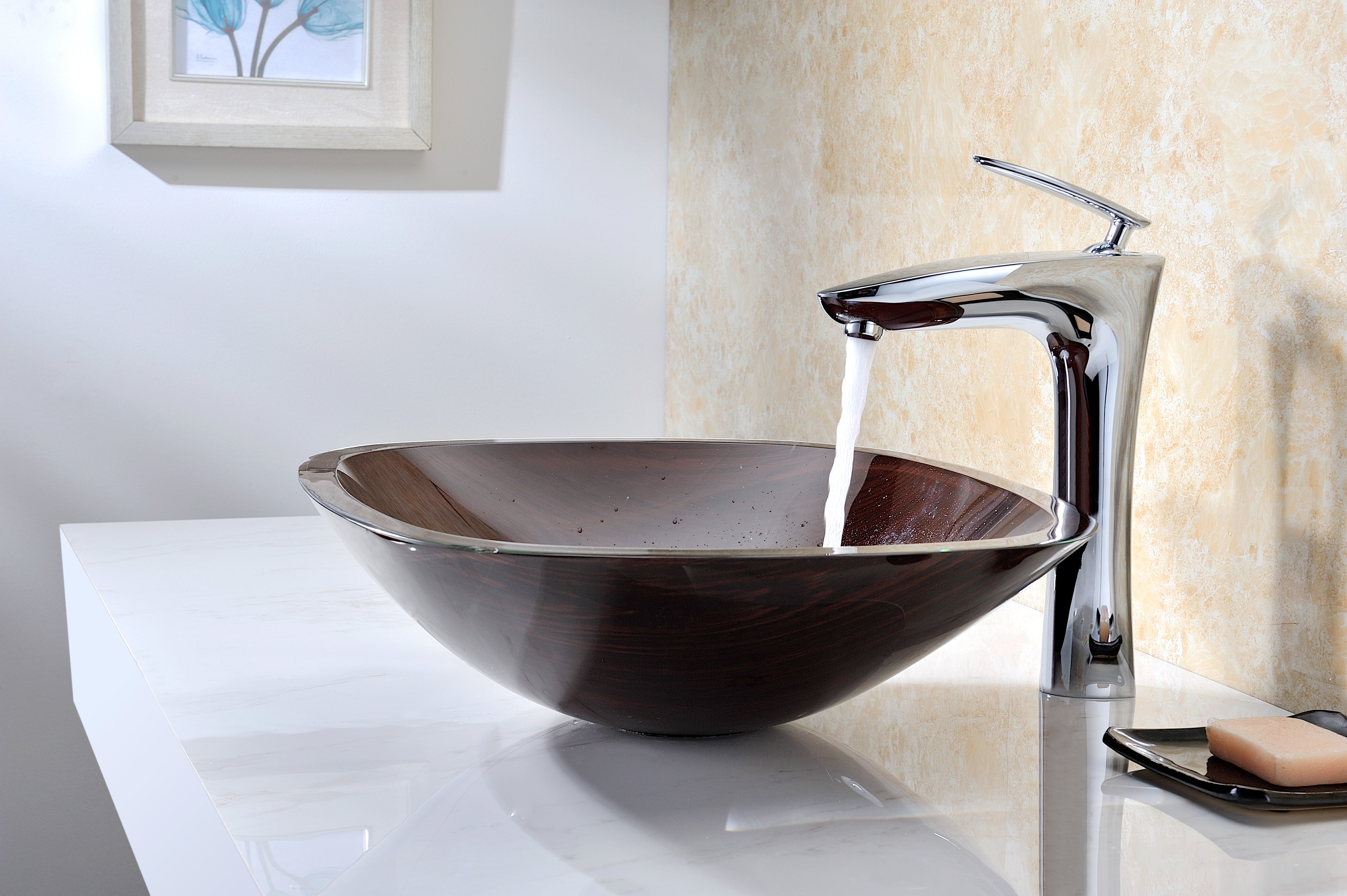 Vonu Series Deco-Glass Vessel Sink in Rich Timber