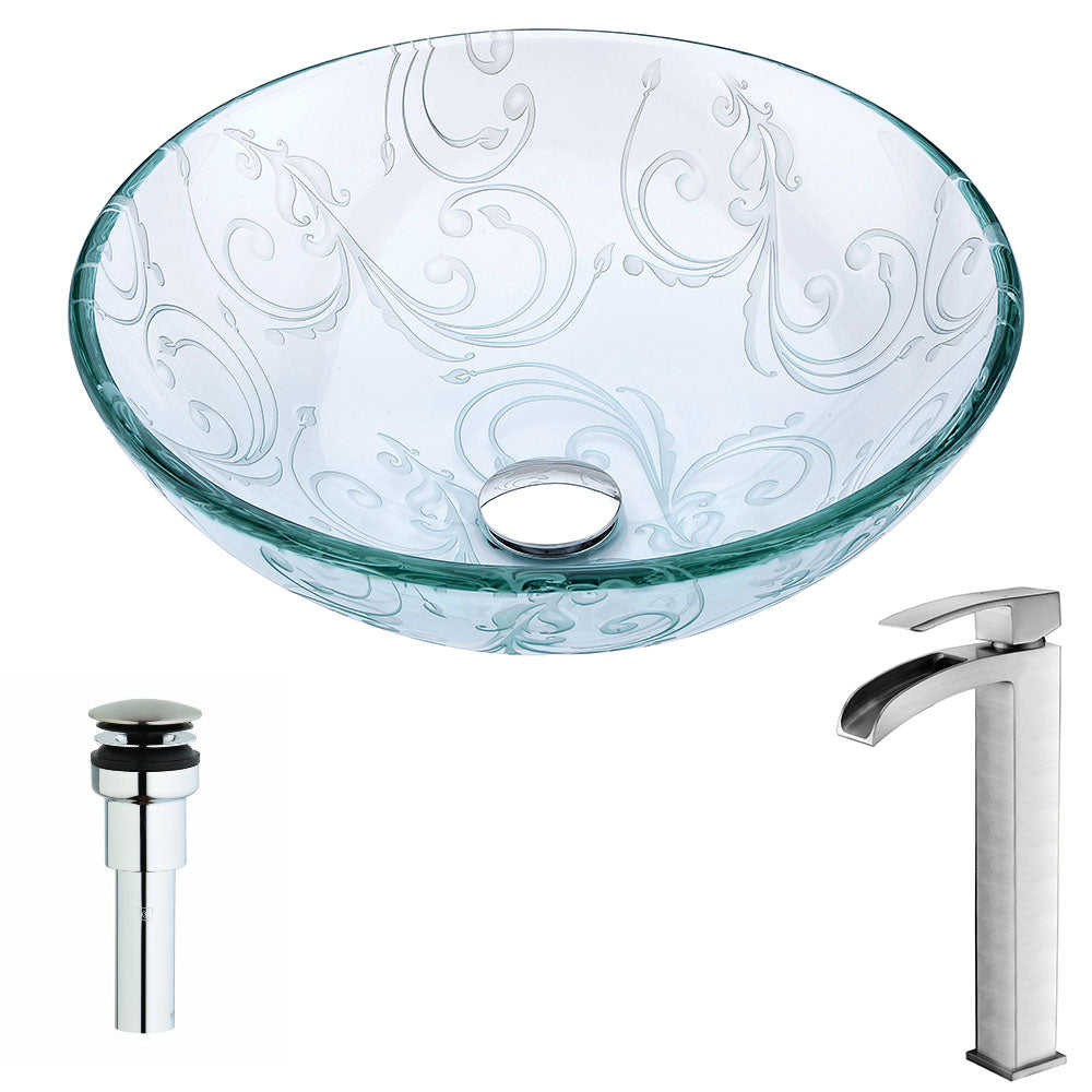 Vieno Series Deco-Glass Vessel Sink in Crystal Clear Floral with Key Faucet in Polished Chrome