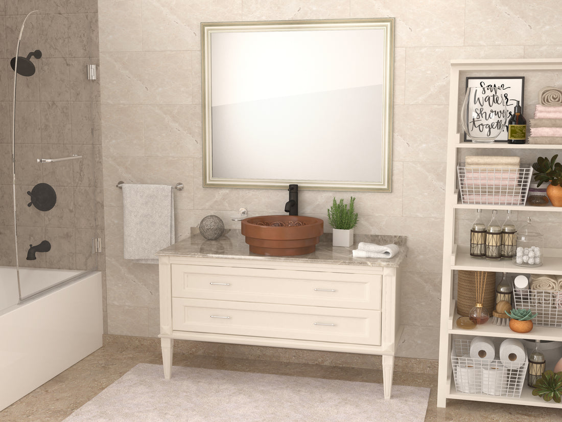 Admiral 17 in. Handmade Vessel Sink in Polished Antique Copper with Floral Design Interior