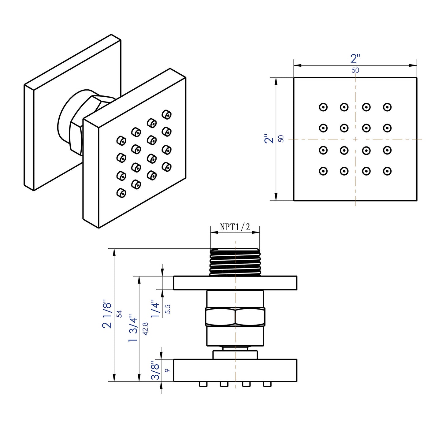 ALFI brand AB3820-BN Brushed Nickel 2" Square Adjustable Shower Body Spray