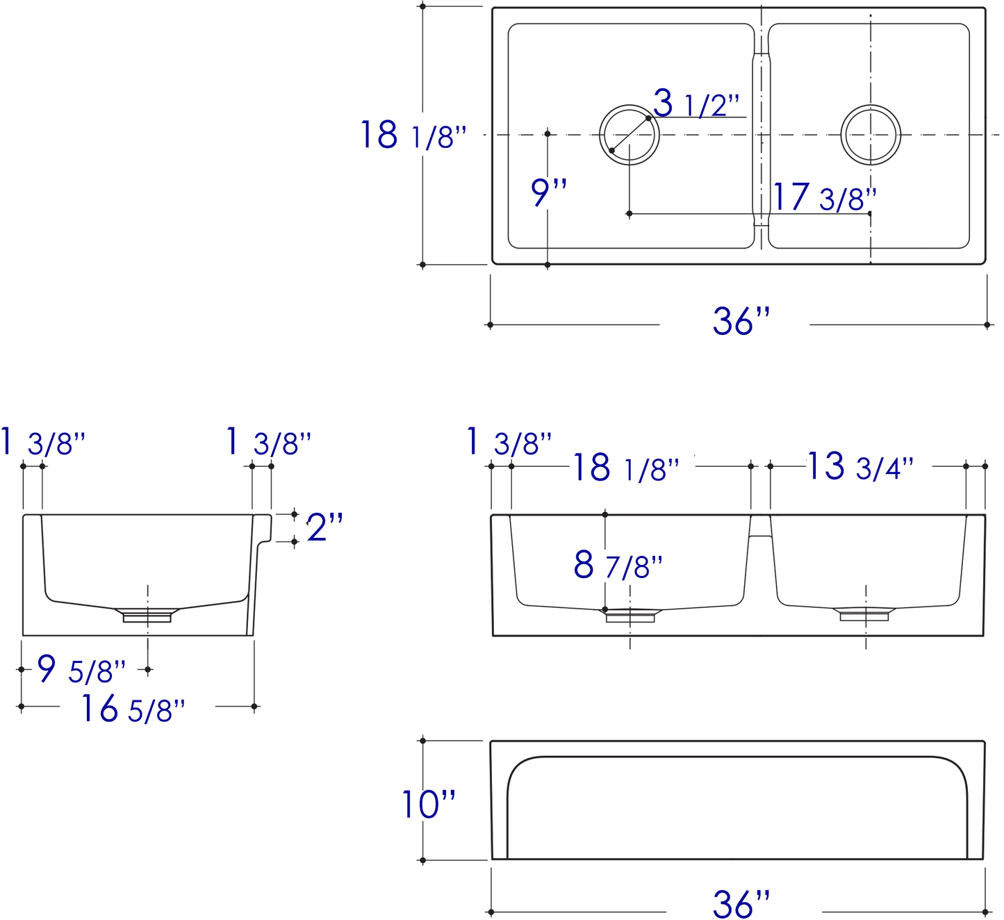 ALFI brand AB3618ARCH-B  36" Biscuit Arched Apron Thick Wall Fireclay Double Bowl Farm Sink