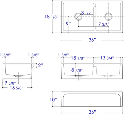 ALFI brand AB3618ARCH-B  36" Biscuit Arched Apron Thick Wall Fireclay Double Bowl Farm Sink