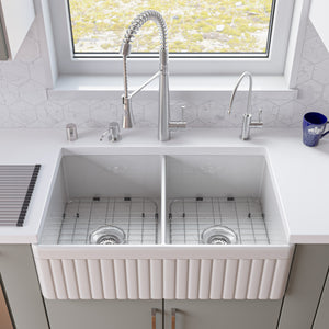 ALFI brand AB537-W White 32" Fluted Apron Double Bowl Fireclay Farmhouse Kitchen Sink