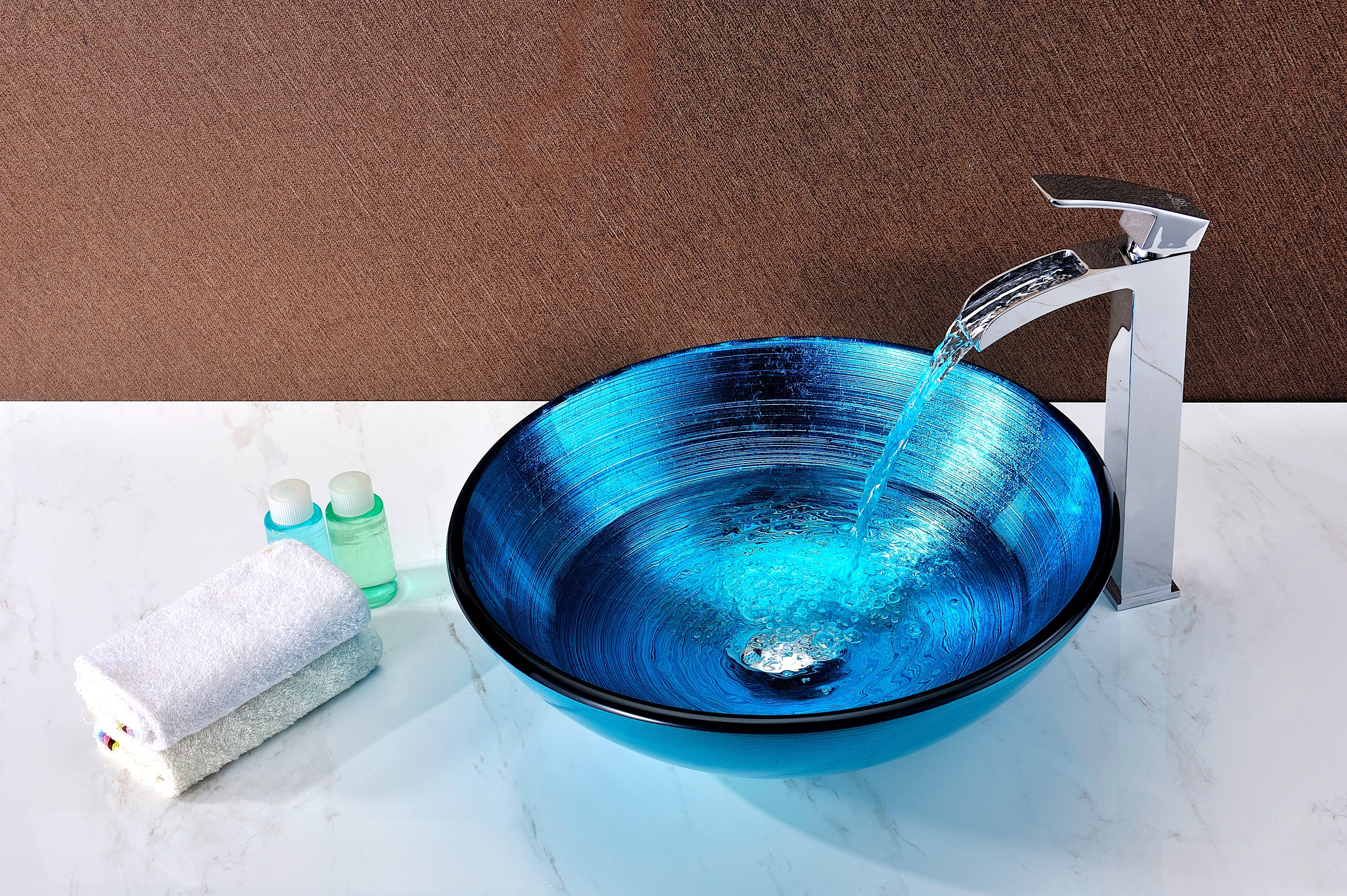 Taba Series Deco-Glass Vessel Sink in Lustrous Blue