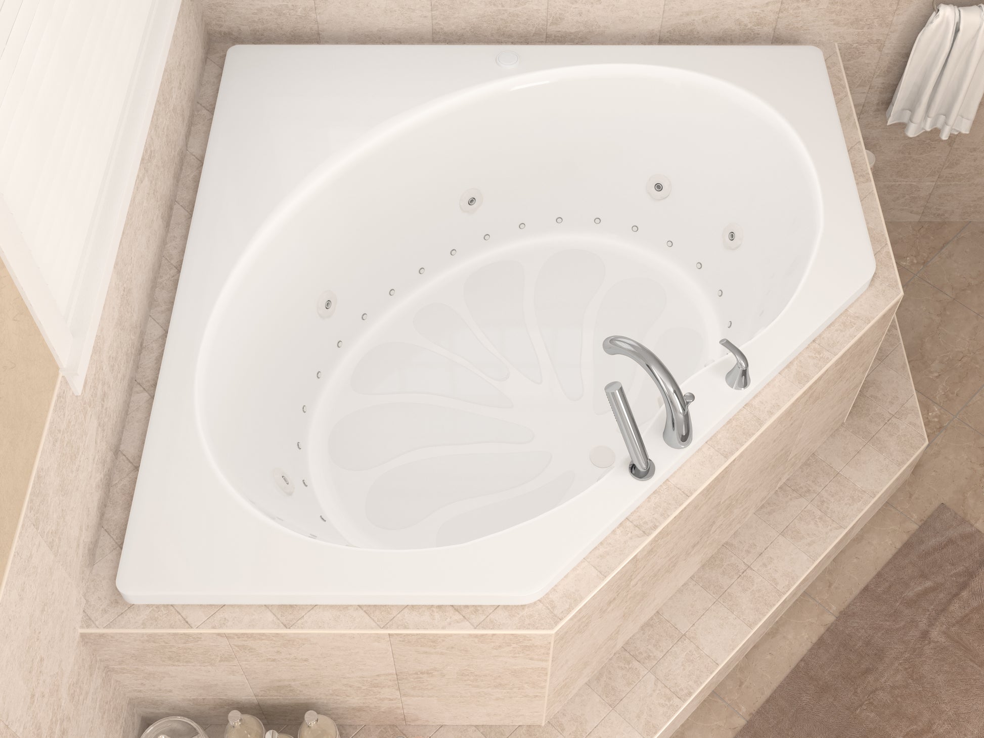 Elevate your bathroom experience with the Atlantis Whirlpools Eclipse 60 x 60 corner air and whirlpool jetted bathtub. Enjoy 8 hydro jets, 29 air jets, aromatherapy, and a maintenance heater for continuous warmth and comfort. Made from high-quality acrylic, this bathtub ensures durability and style. 