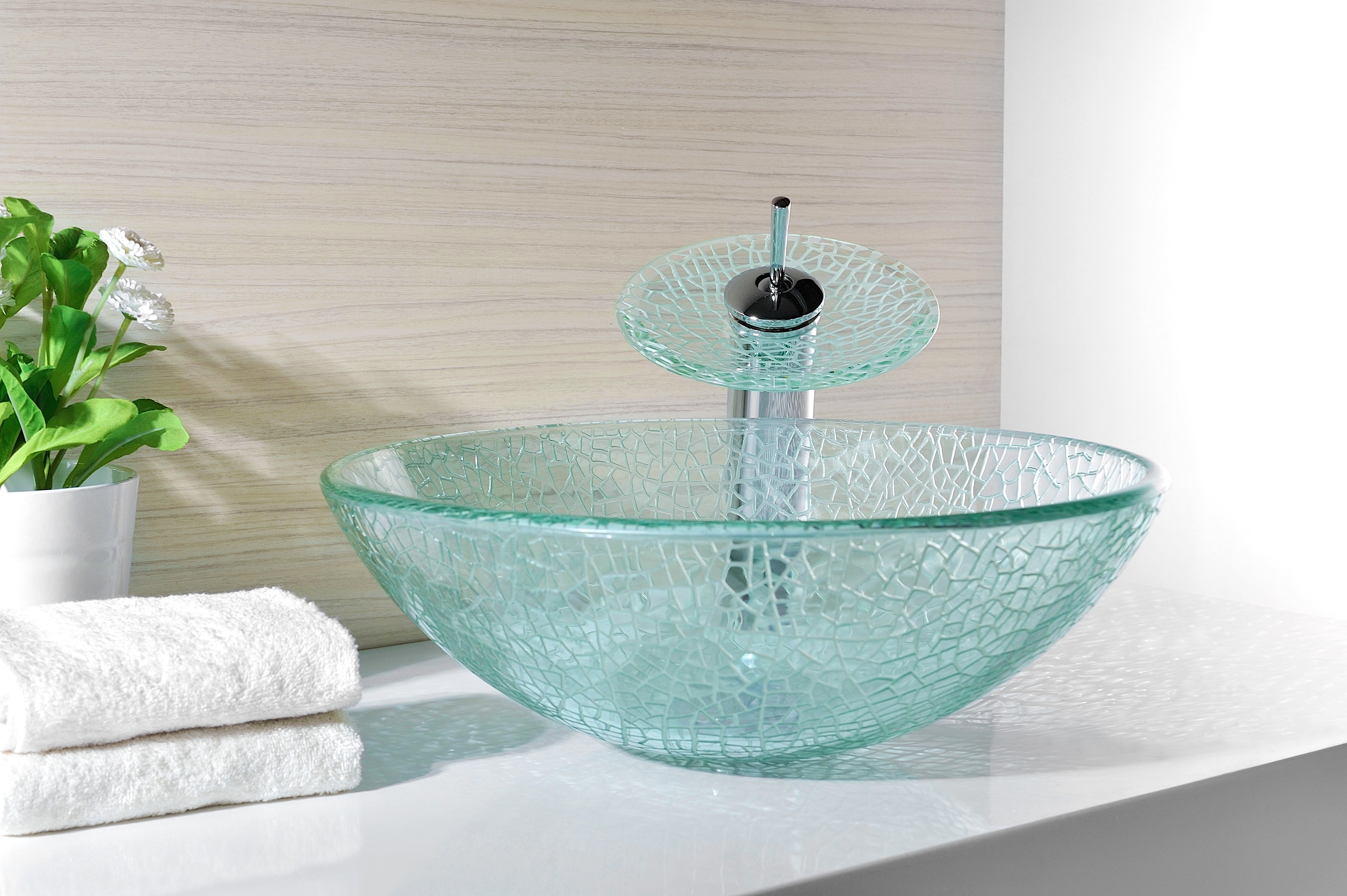 Paeva Series Deco-Glass Vessel Sink in Crystal Clear Chipasi with Matching Chrome Waterfall Faucet