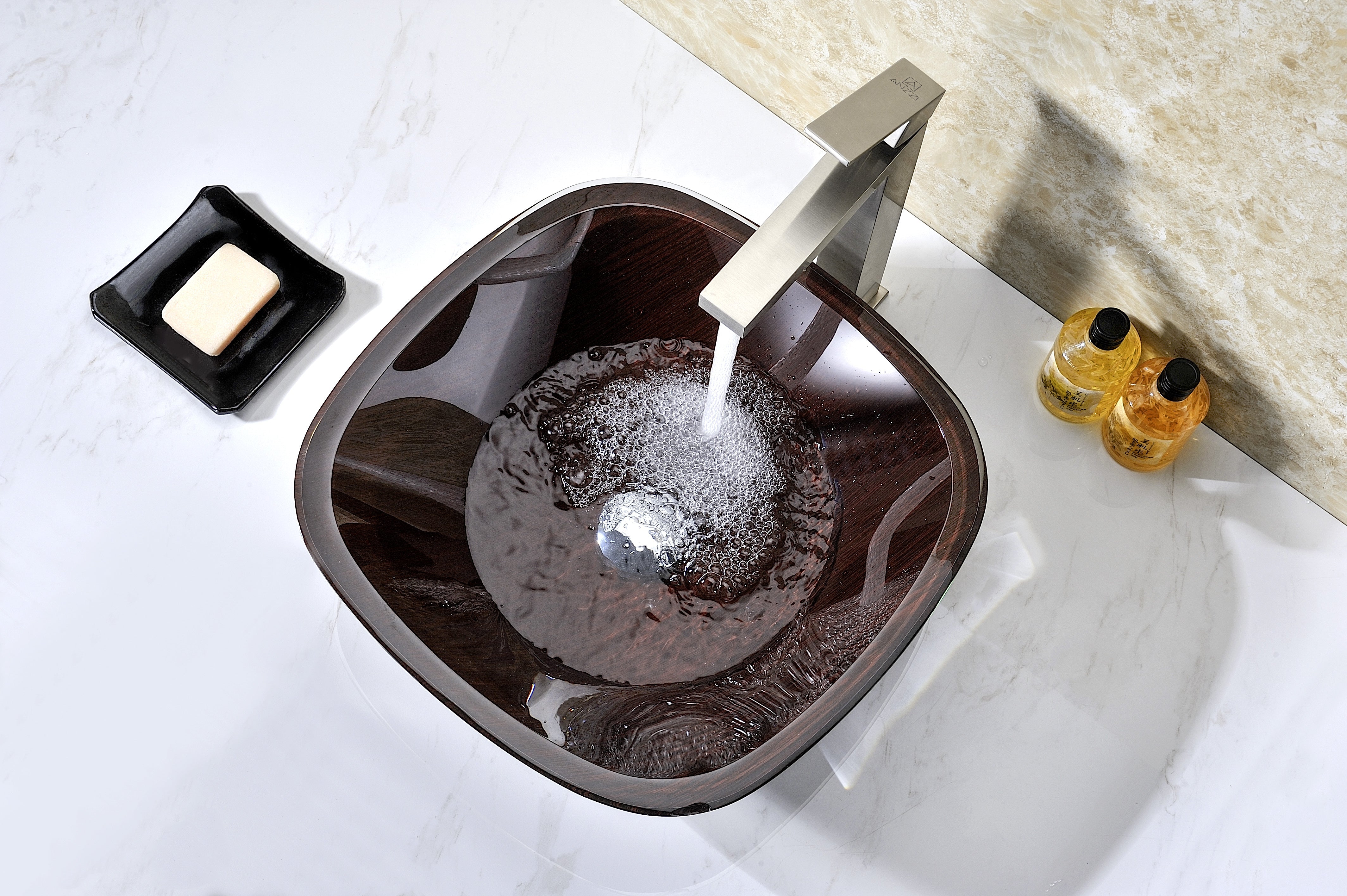 Vonu Series Deco-Glass Vessel Sink in Rich Timber