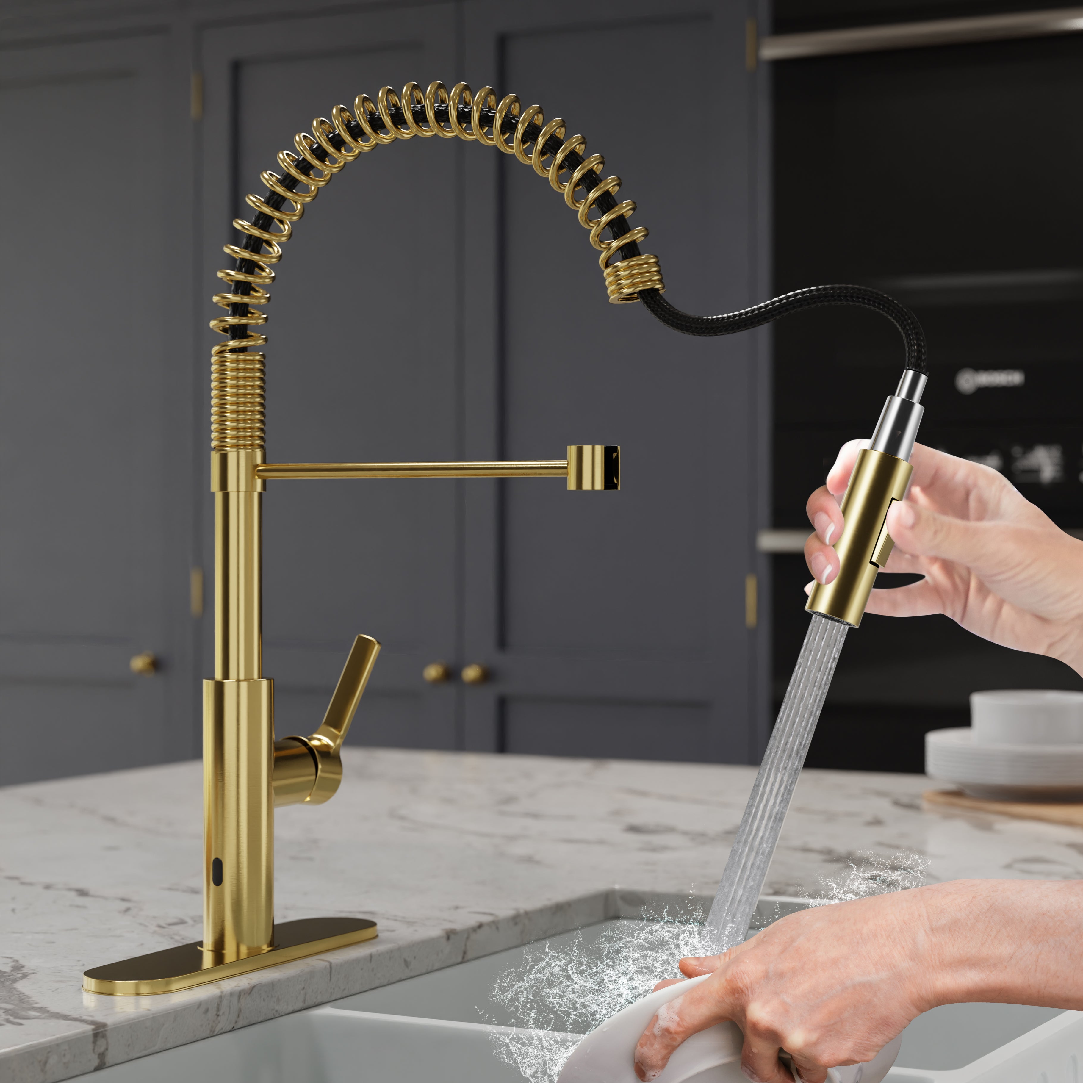 Ola Hands Free Touchless 1-Handle Pull-Down Sprayer Kitchen Faucet with Motion Sense and Fan Sprayer