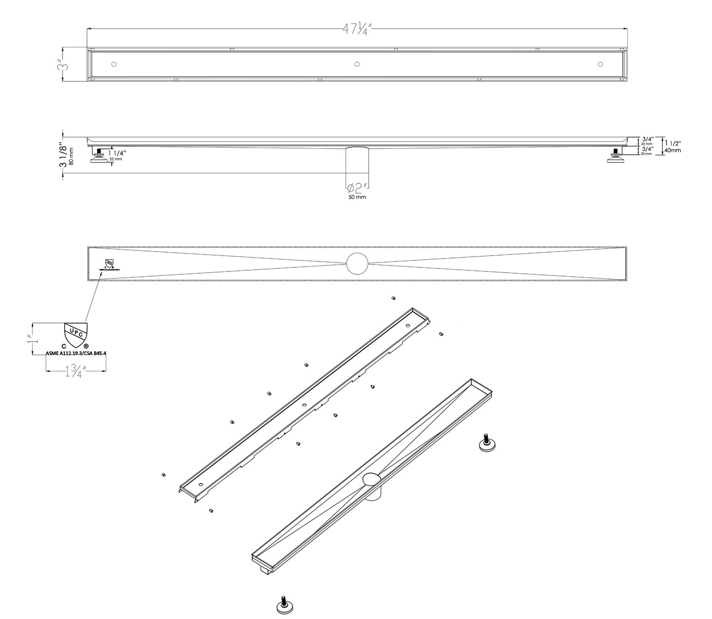 ALFI brand ABLD47A 47" Stainless Steel Linear Shower Drain with No Cover