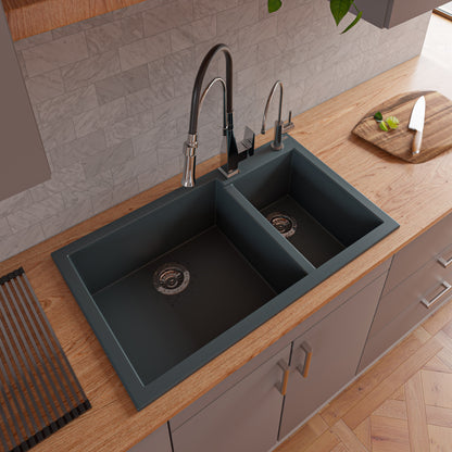 ALFI brand AB3319DI-T Titanium 34" Double Bowl Drop In Granite Composite Kitchen Sink