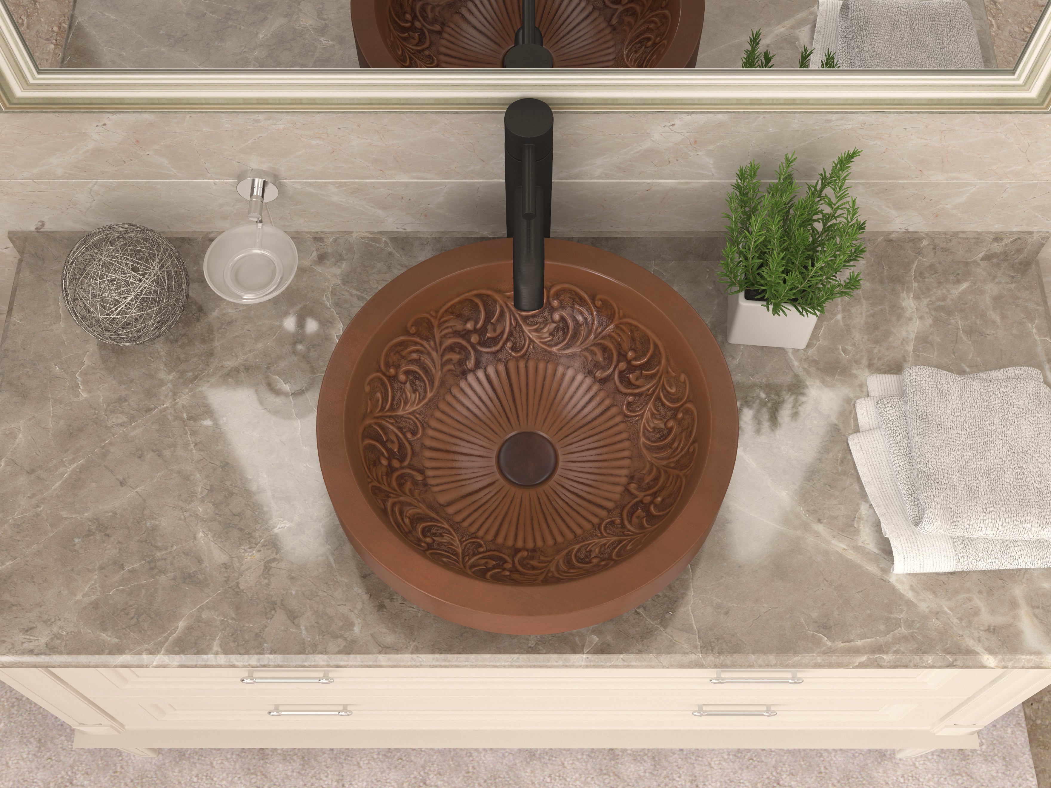 Admiral 17 in. Handmade Vessel Sink in Polished Antique Copper with Floral Design Interior