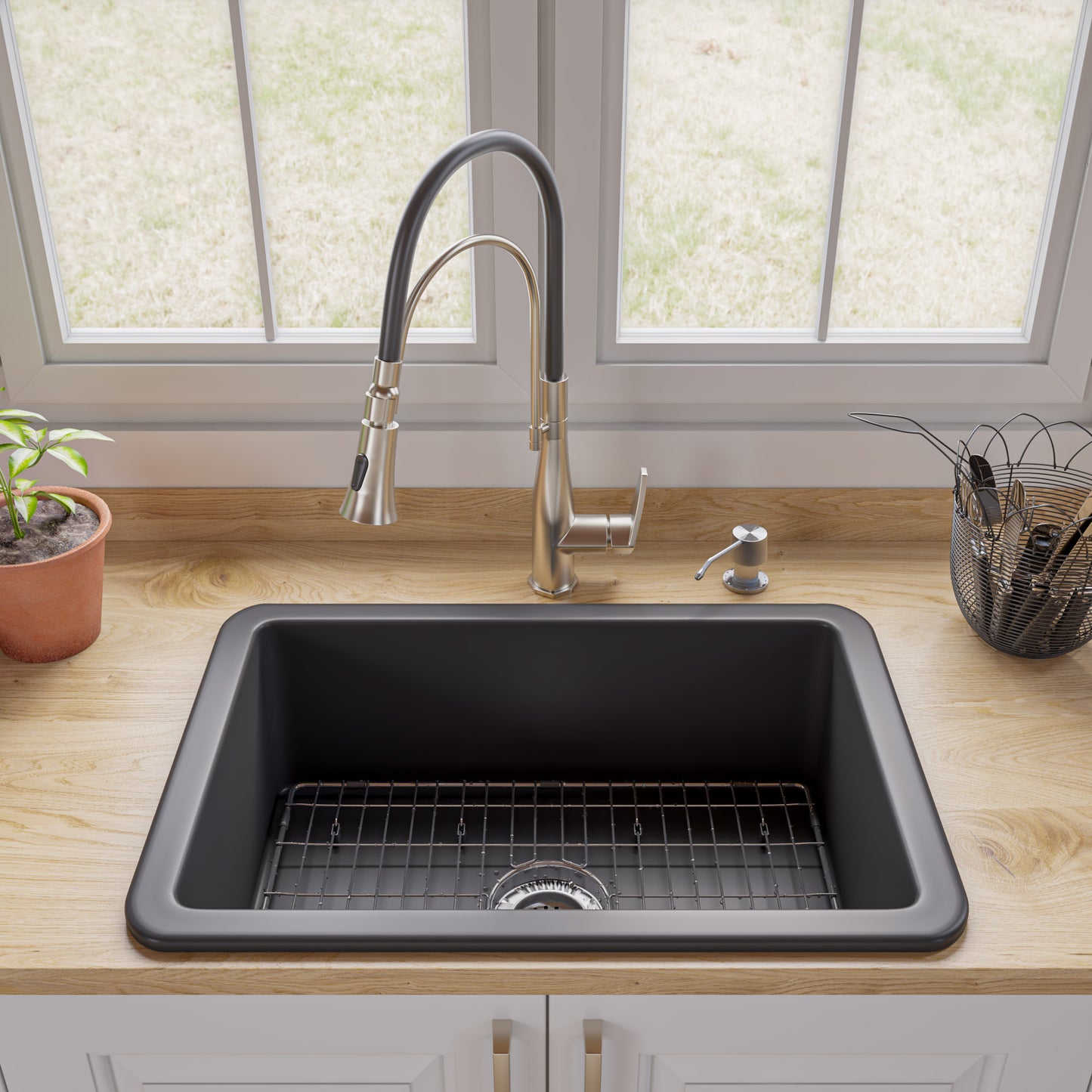 ALFI brand ABF2718UD-BM Black Matte 27" x 18" Fireclay Undermount / Drop In Firelcay Kitchen Sink