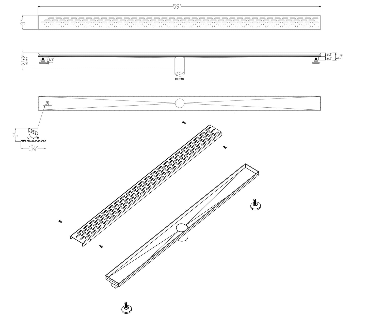 ALFI brand ABLD59C-BM 59" Black Matte Stainless Steel Linear Shower Drain with Groove Holes