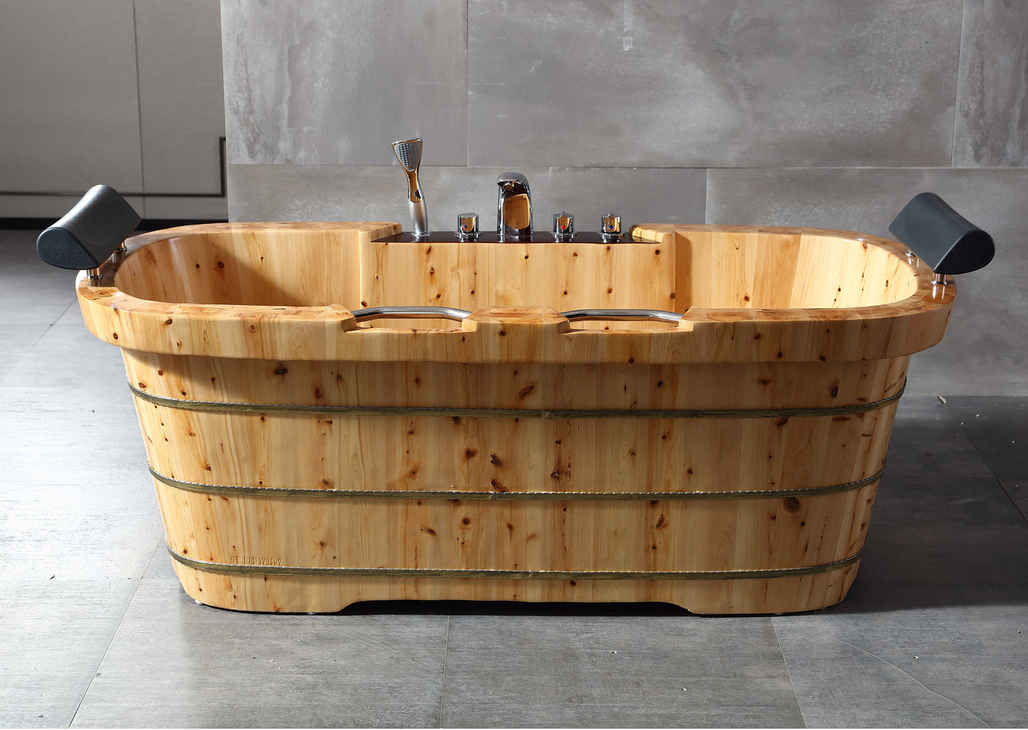 ALFI brand AB1130 65" 2 Person Free Standing Cedar Wooden Bathtub with Fixtures & Headrests