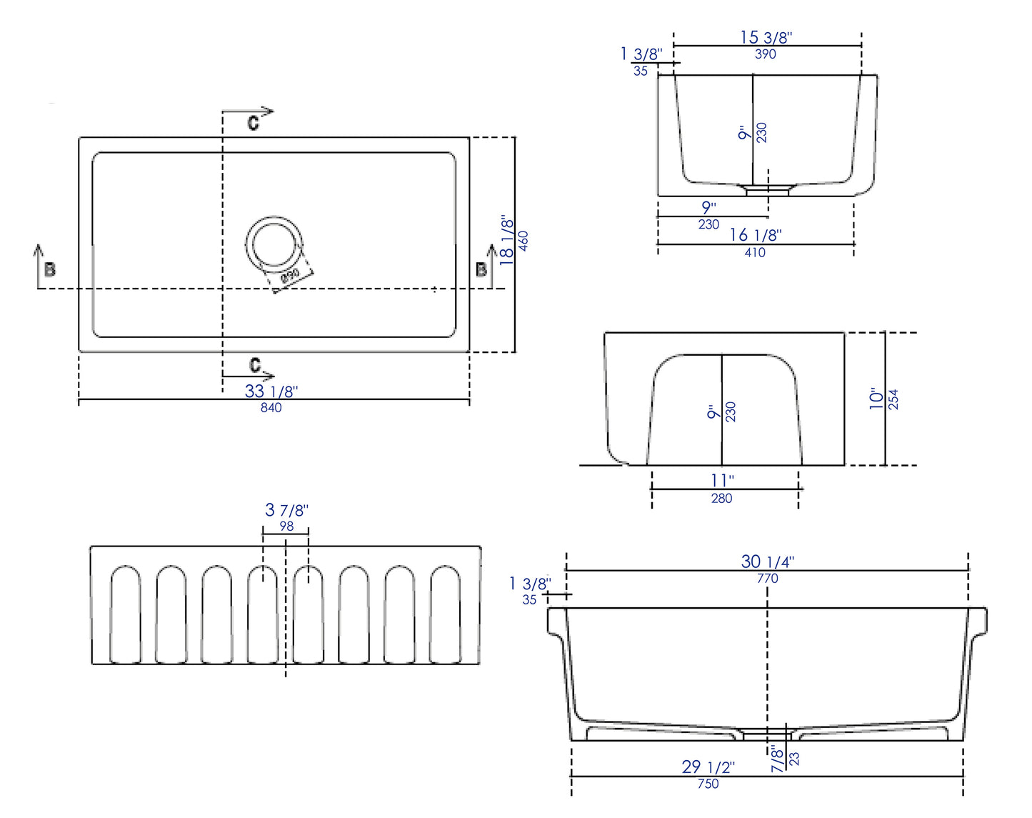 ALFI brand AB3318HS-BM 33" Black Matte Reversible Smooth / Fluted Single Bowl Fireclay Farm Sink