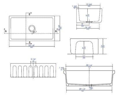 ALFI brand AB3318HS-BG Black Gloss 33" x 18" Reversible Fluted / Smooth Fireclay Farm Sink