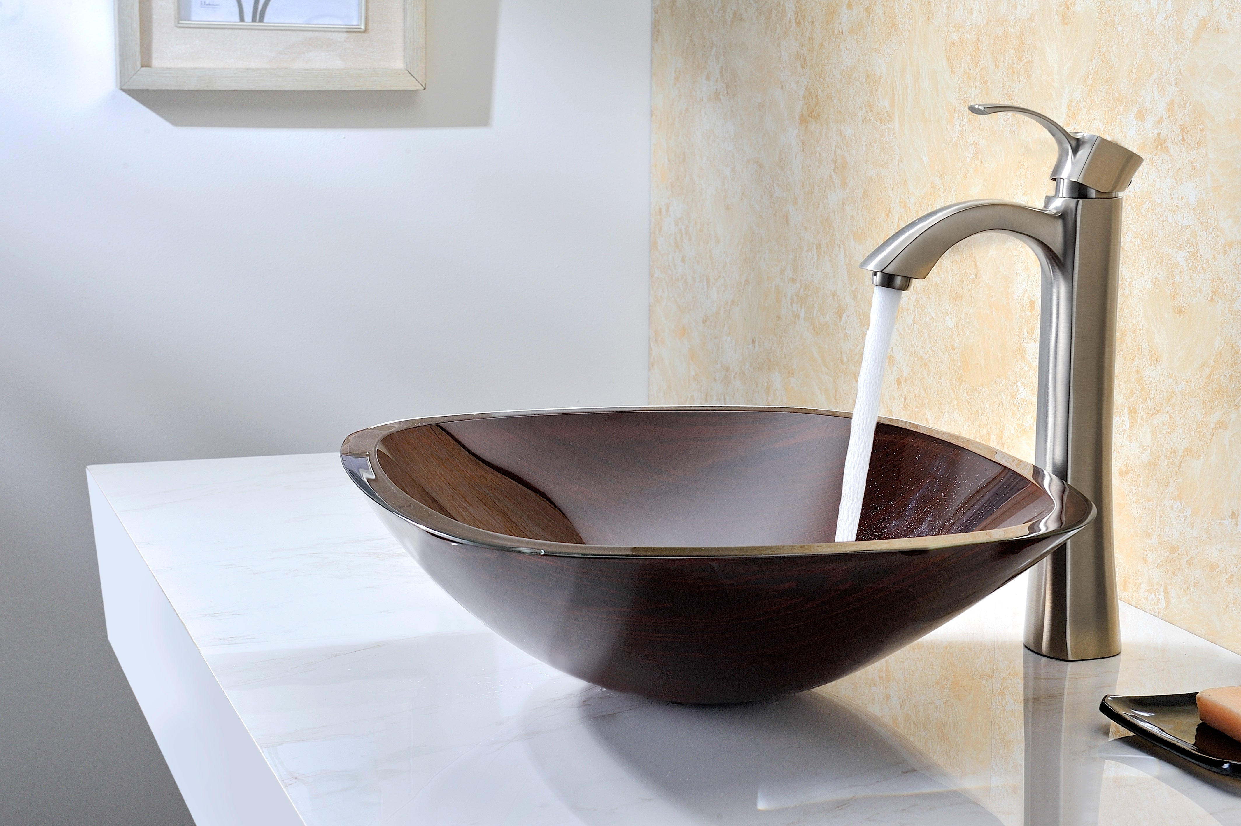 Vonu Series Deco-Glass Vessel Sink in Rich Timber