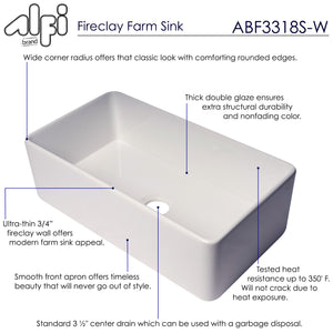 ALFI brand ABF3318S 33" White Thin Wall Single Bowl Smooth Apron Fireclay Kitchen Farm Sink