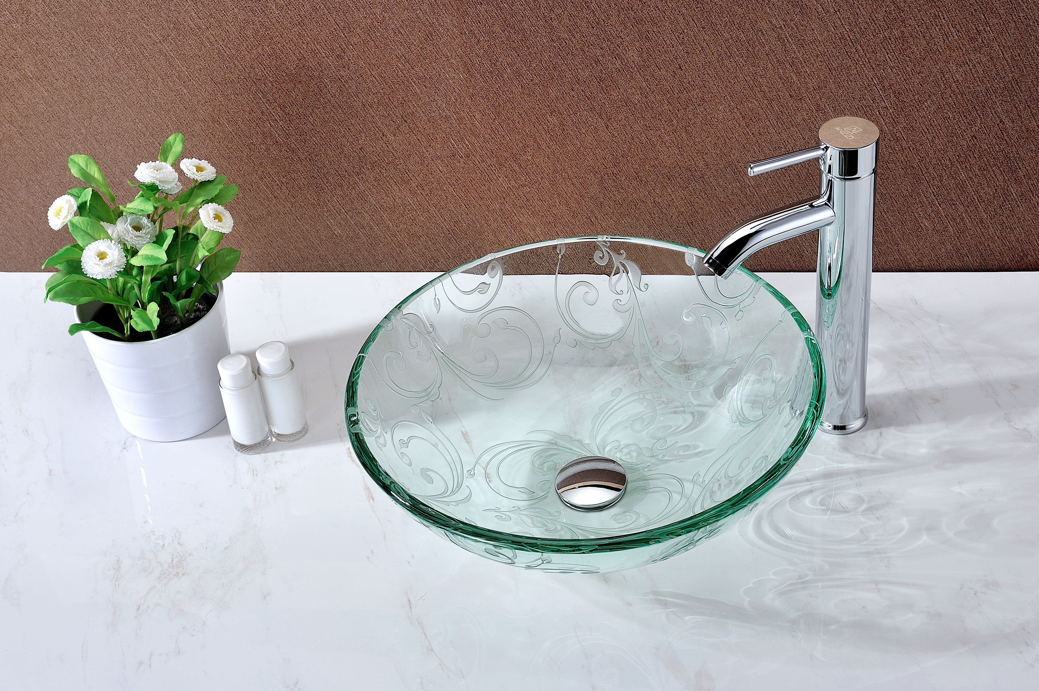 Vieno Series Vessel Sink with Pop-Up Drain in Crystal Clear Floral