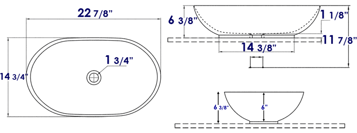 EAGO BA352  23" Oval Ceramic above mount Bathroom Basin Vessel Sink