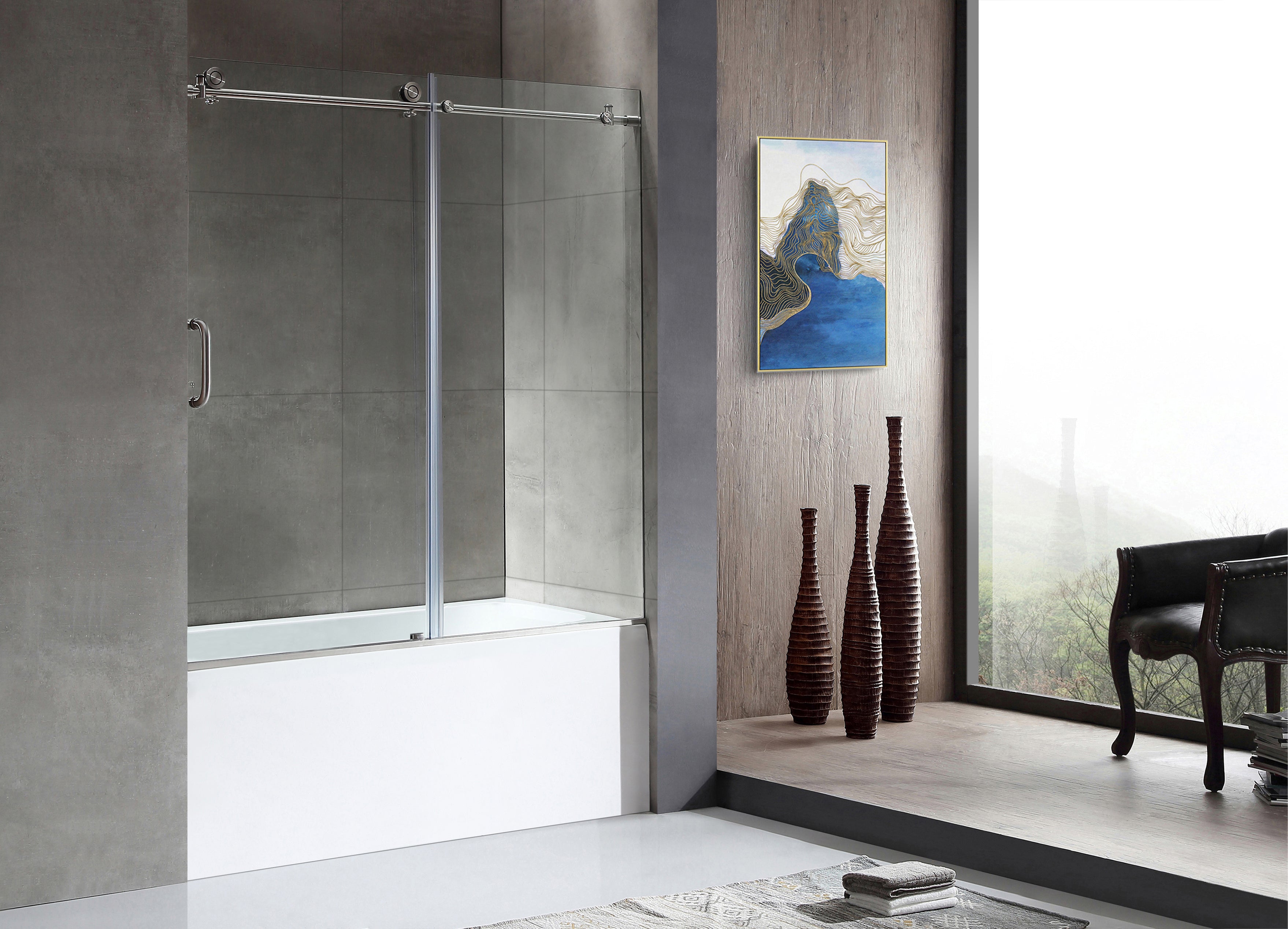 Anzzi 5 ft. Acrylic Rectangle Tub in White With 60 in. x 62 in. Frameless Sliding Tub Door