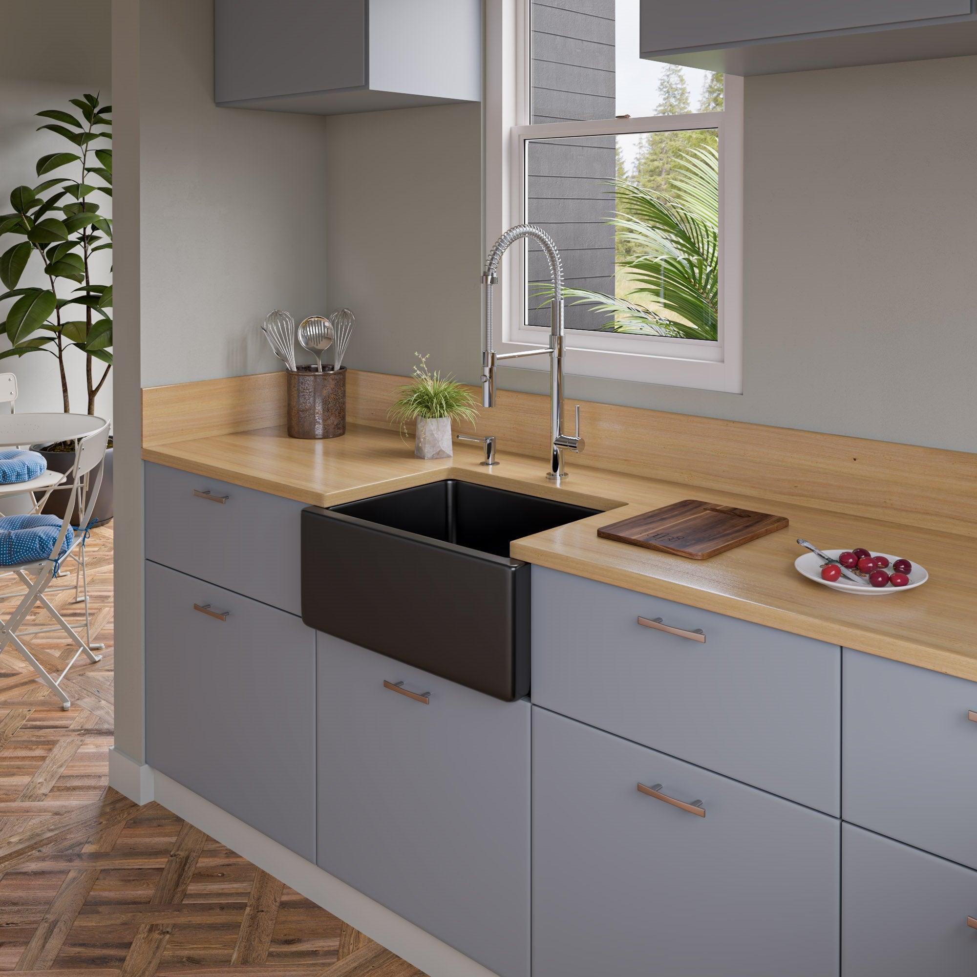 ALFI brand AB2418HS-BG 24" Black Gloss Reversible Smooth / Fluted Single Bowl Fireclay Farm Sink