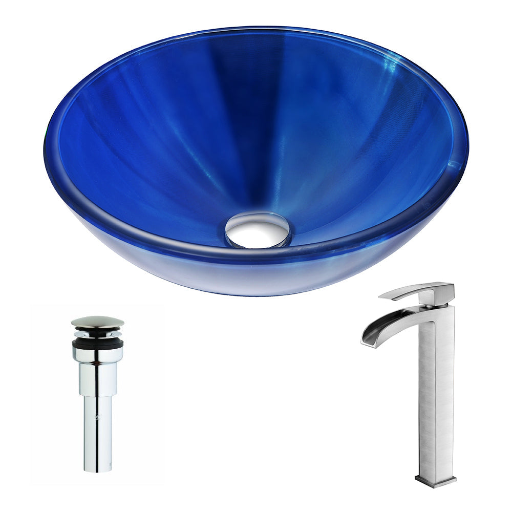 Meno Series Deco-Glass Vessel Sink in Lustrous Blue with Key Faucet