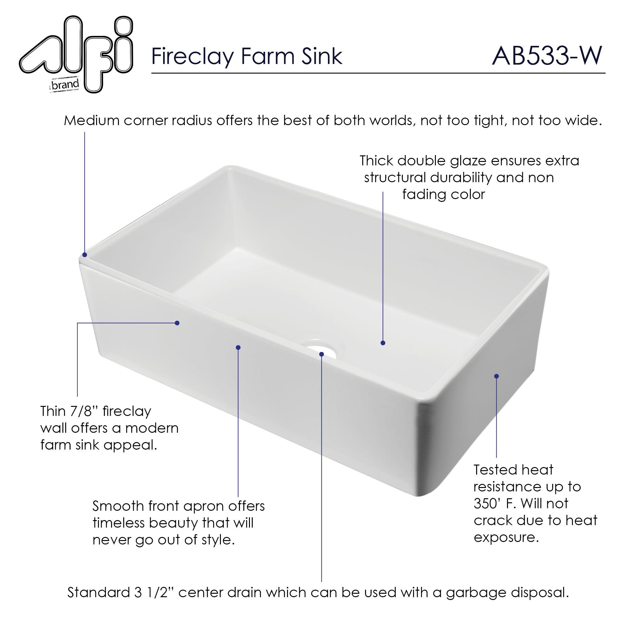 ALFI brand AB533-W 33" White Smooth Apron Single Bowl Fireclay Farm Sink