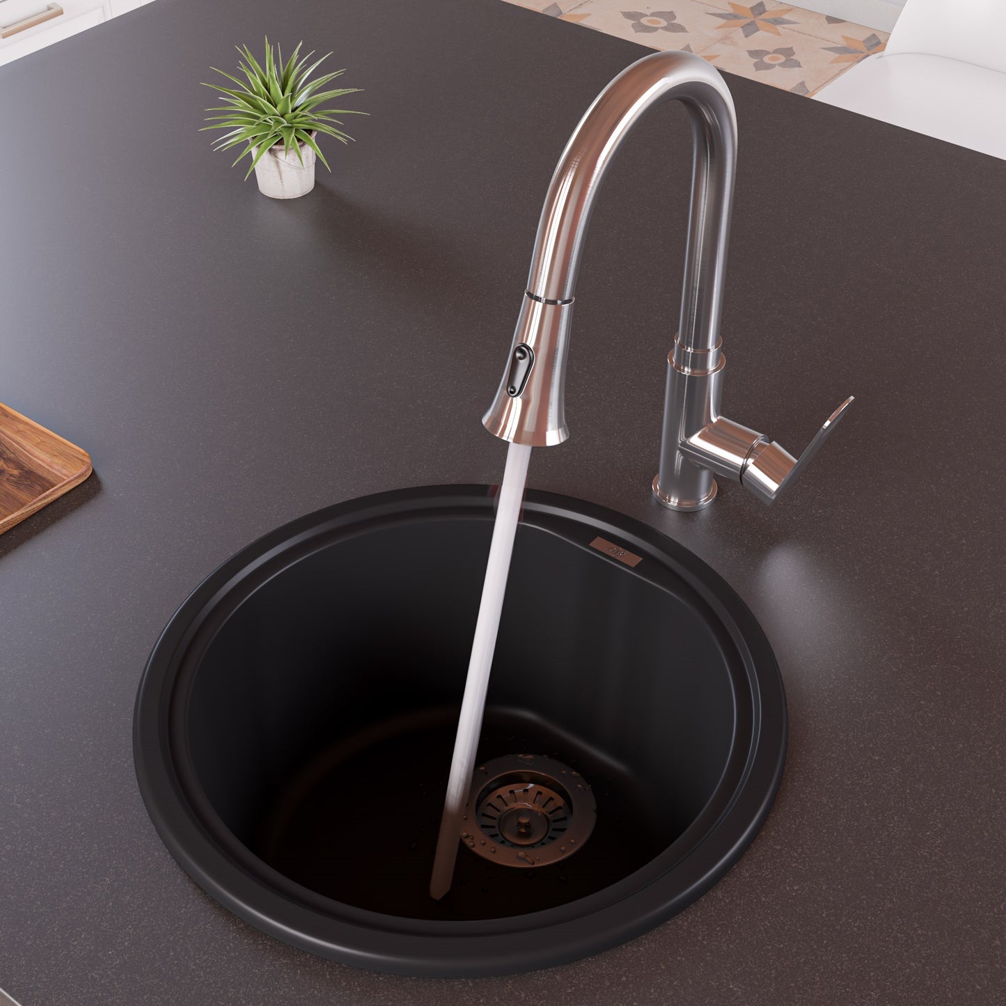 ALFI brand AB1717DI-BLA Black 17" Drop-In Round Granite Composite Kitchen Prep Sink