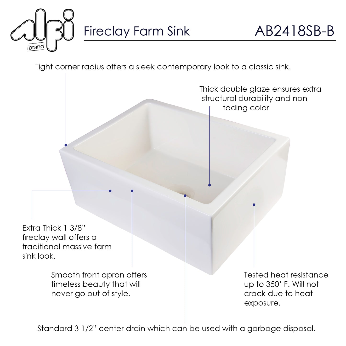 ALFI brand AB2418SB-B  24" Biscuit Smooth Thick Wall Fireclay Single Bowl Farm Sink