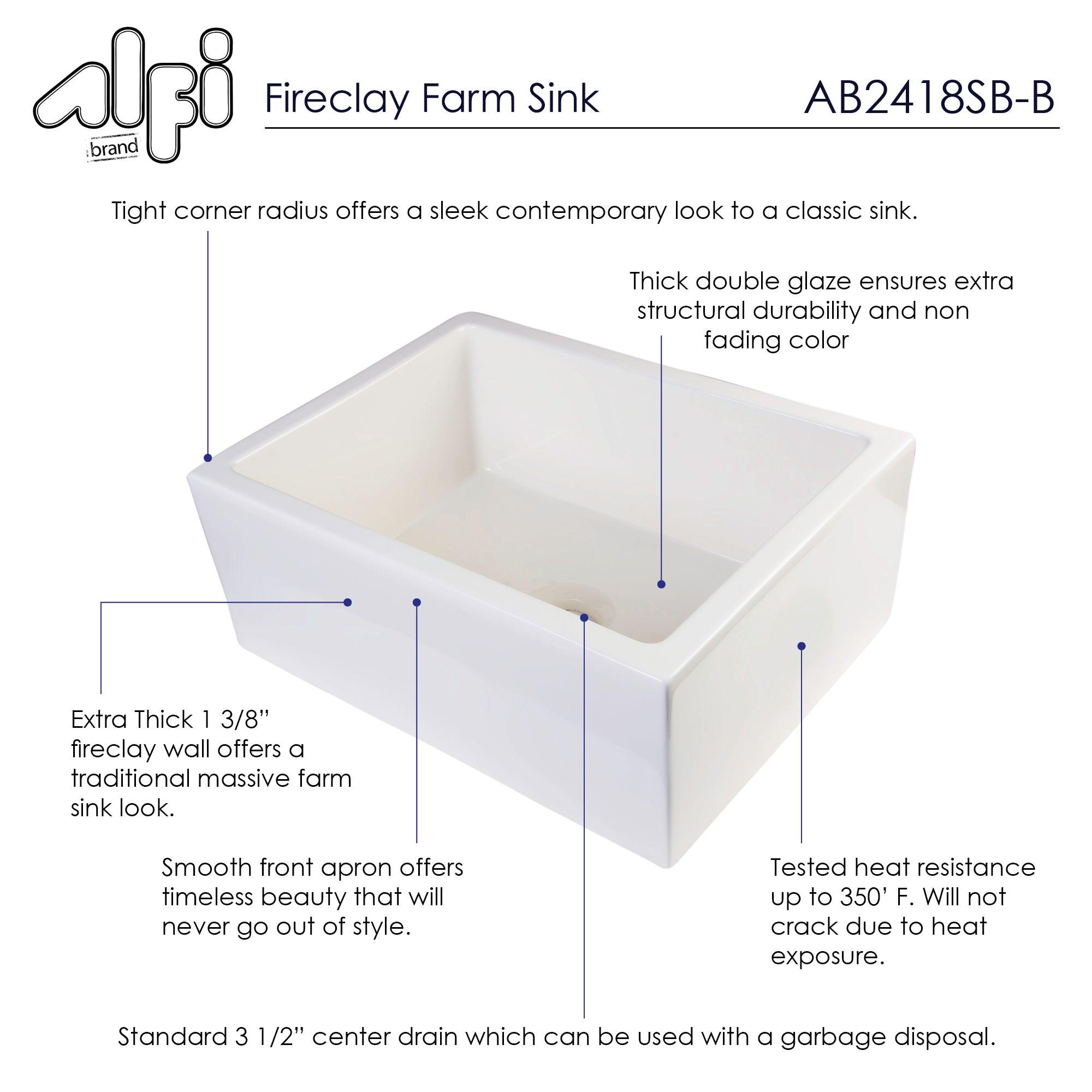 ALFI brand AB2418SB-B  24" Biscuit Smooth Thick Wall Fireclay Single Bowl Farm Sink