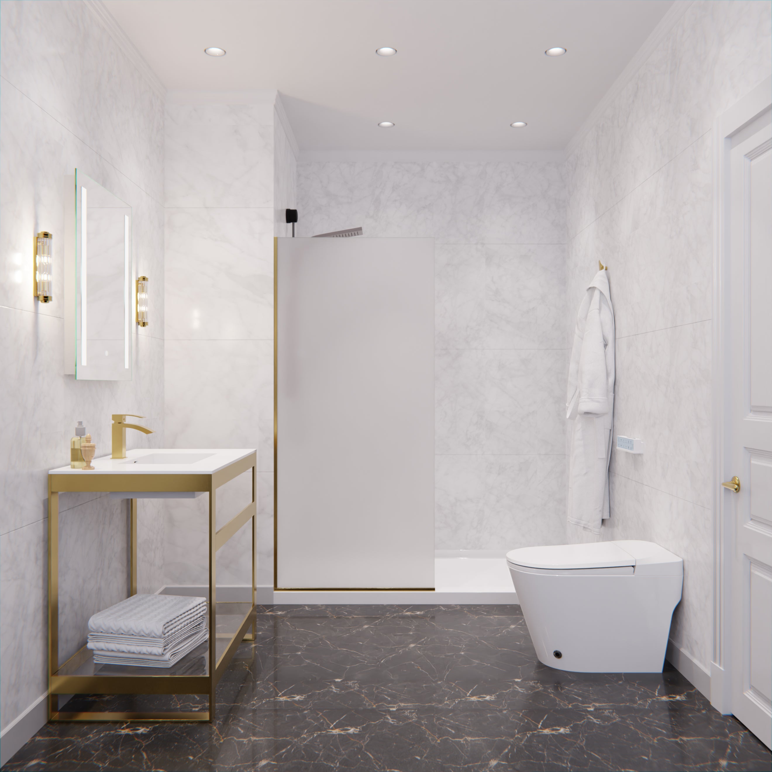 Veil Series 74 in. by 34 in. Framed Frosted Glass Shower Screen