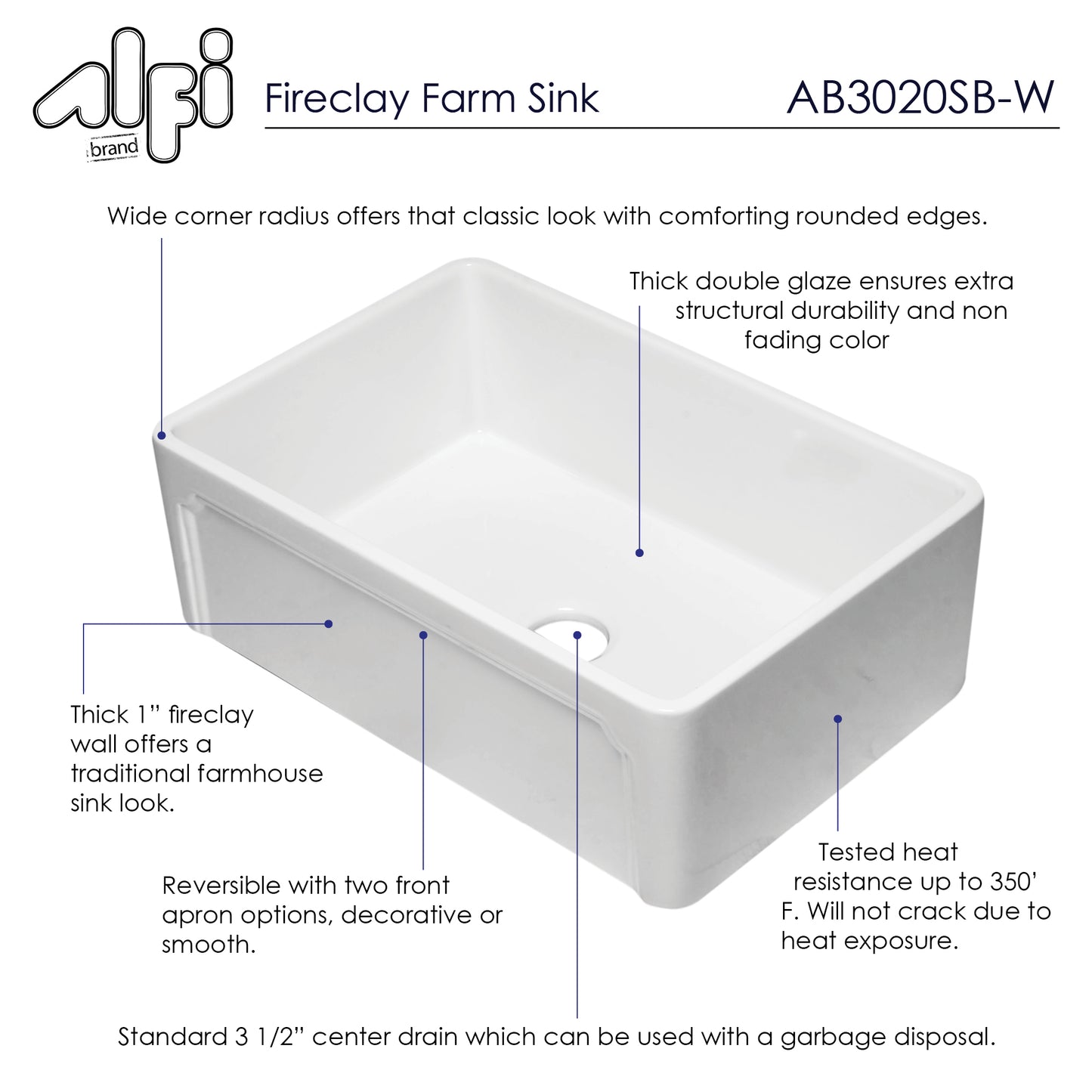 ALFI brand AB3020SB-W 30 inch White Reversible Single Fireclay Farmhouse Kitchen Sink