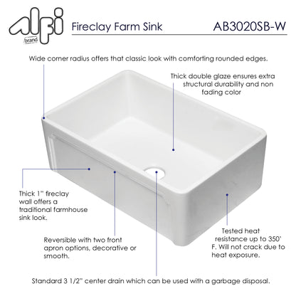 ALFI brand AB3020SB-W 30 inch White Reversible Single Fireclay Farmhouse Kitchen Sink