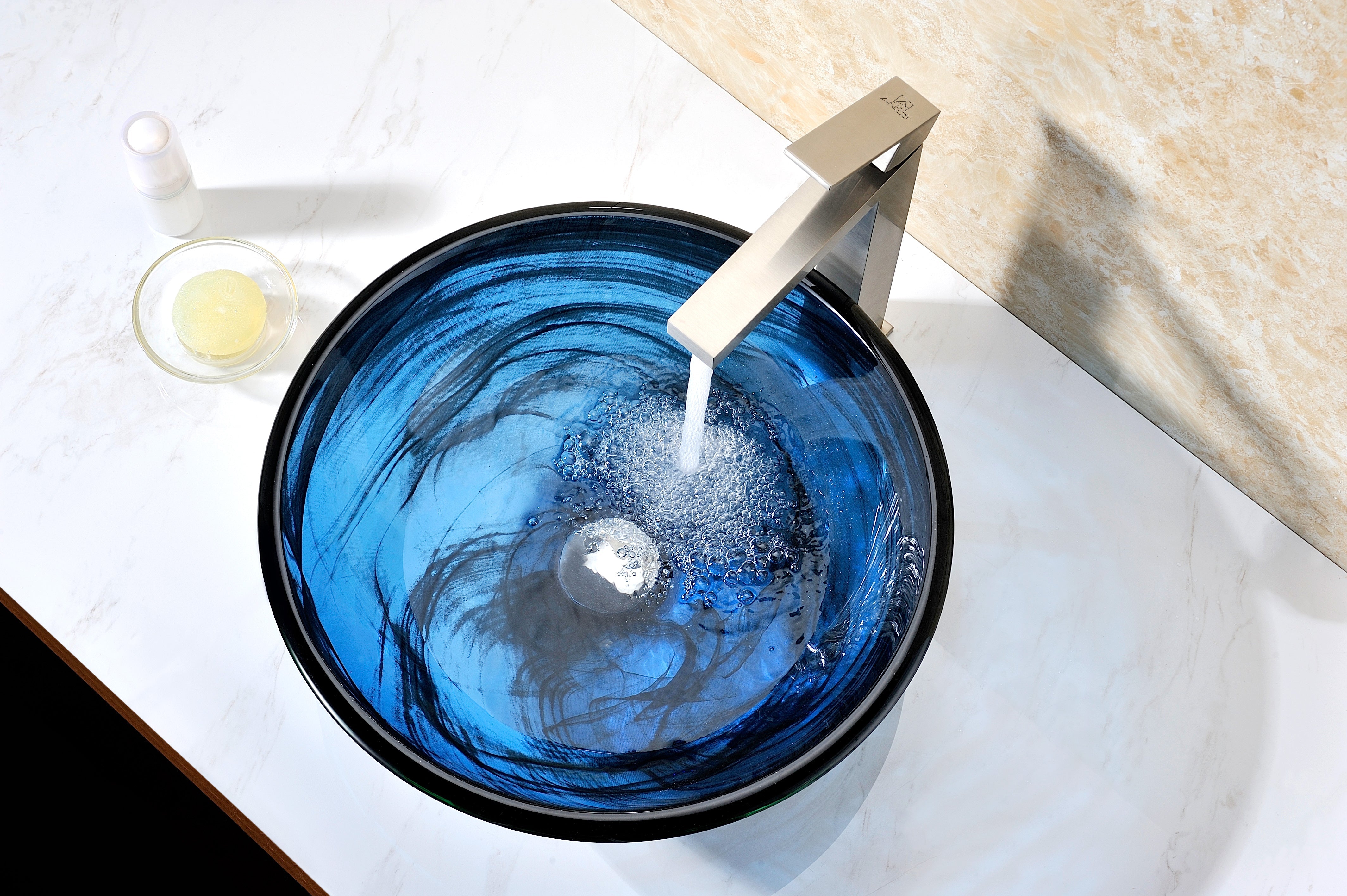 Soave Series Deco-Glass Vessel Sink in Sapphire Wisp