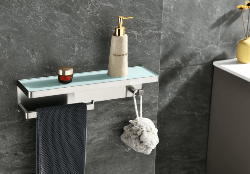 Lexora Bagno Bianca Glass Black / White Shelf w/ Towel Bar & Robe Hook