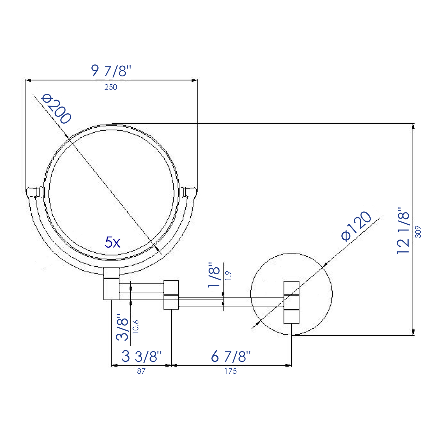 ALFI brand ABM8WR-BN 8" Round Wall Mounted 5x Magnify Cosmetic Mirror