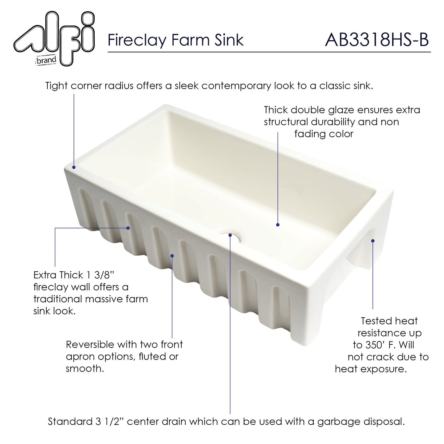 ALFI brand AB3318HS-B Biscuit 33" x 18" Reversible Fluted / Smooth Fireclay Farm Sink