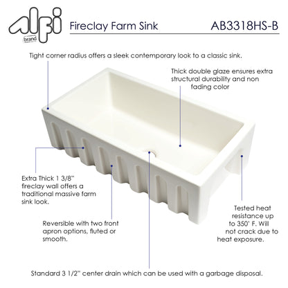 ALFI brand AB3318HS-B Biscuit 33" x 18" Reversible Fluted / Smooth Fireclay Farm Sink