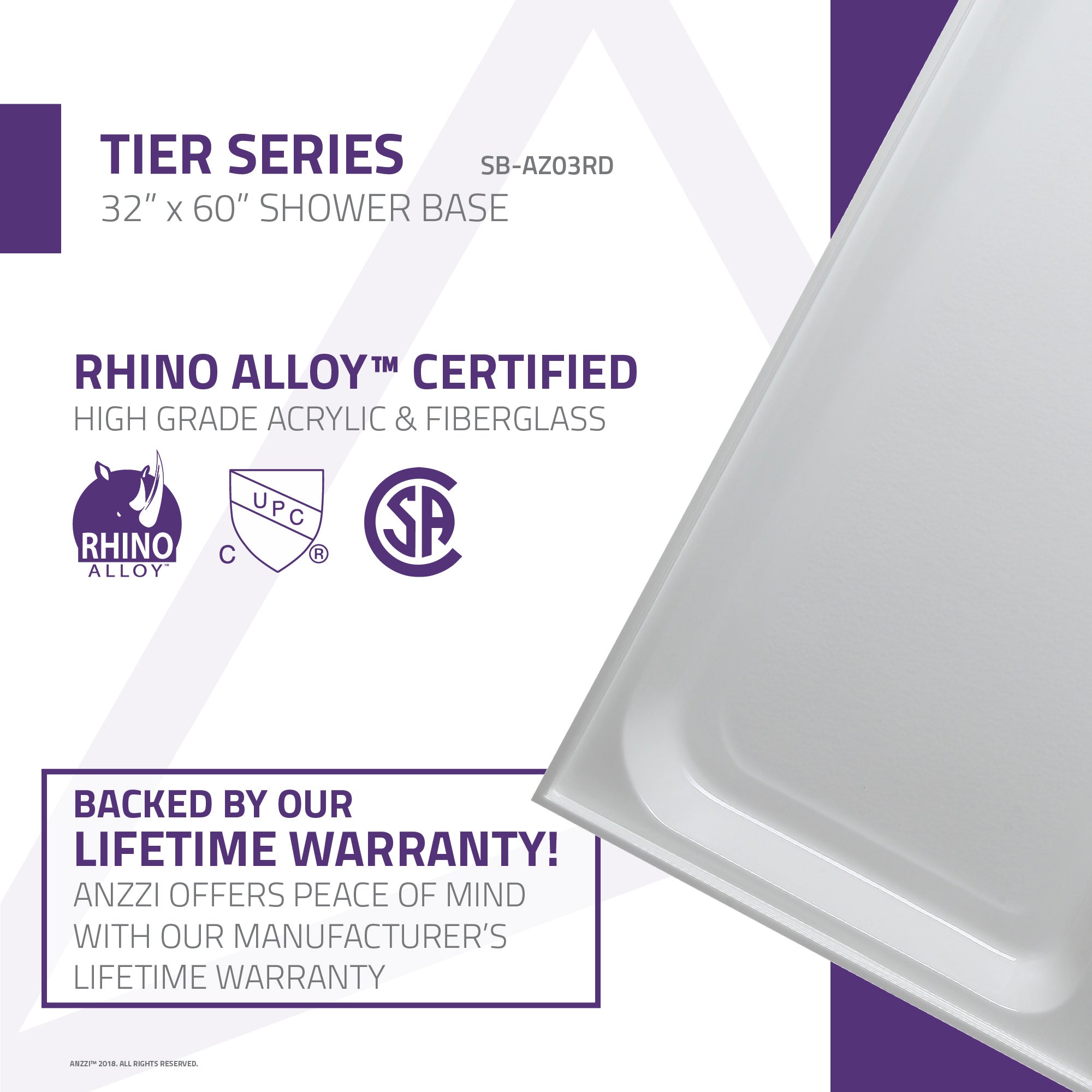 Tier 32 x 60 in. Right Drain Single Threshold Shower Base in White