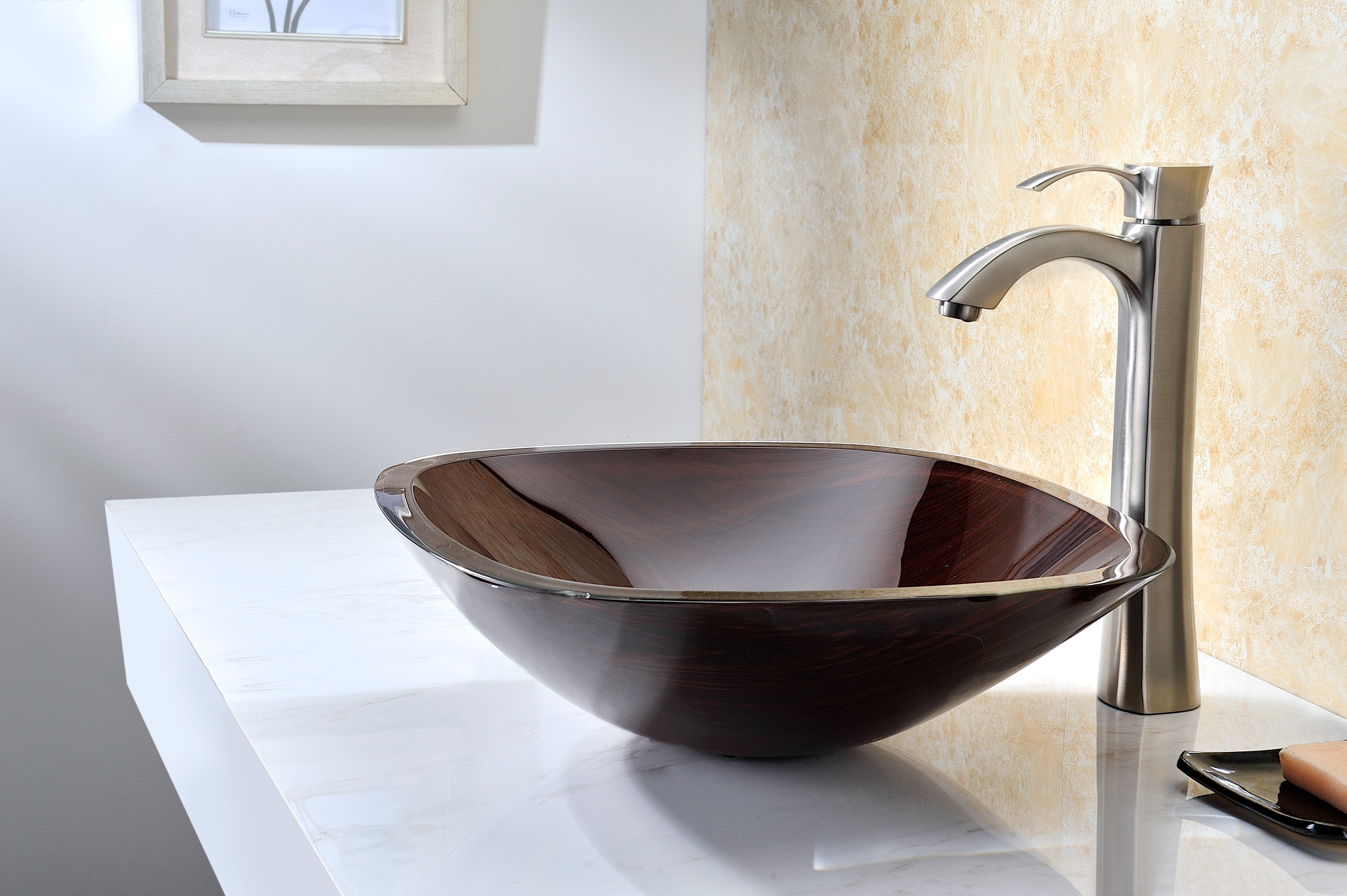 Vonu Series Deco-Glass Vessel Sink in Rich Timber