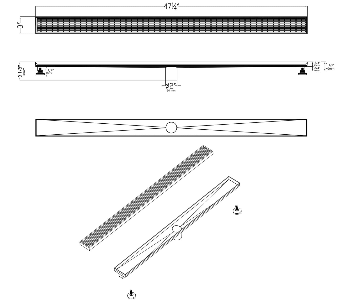 ALFI brand ABLD47D 47" Stainless Steel Linear Shower Drain with Groove Lines