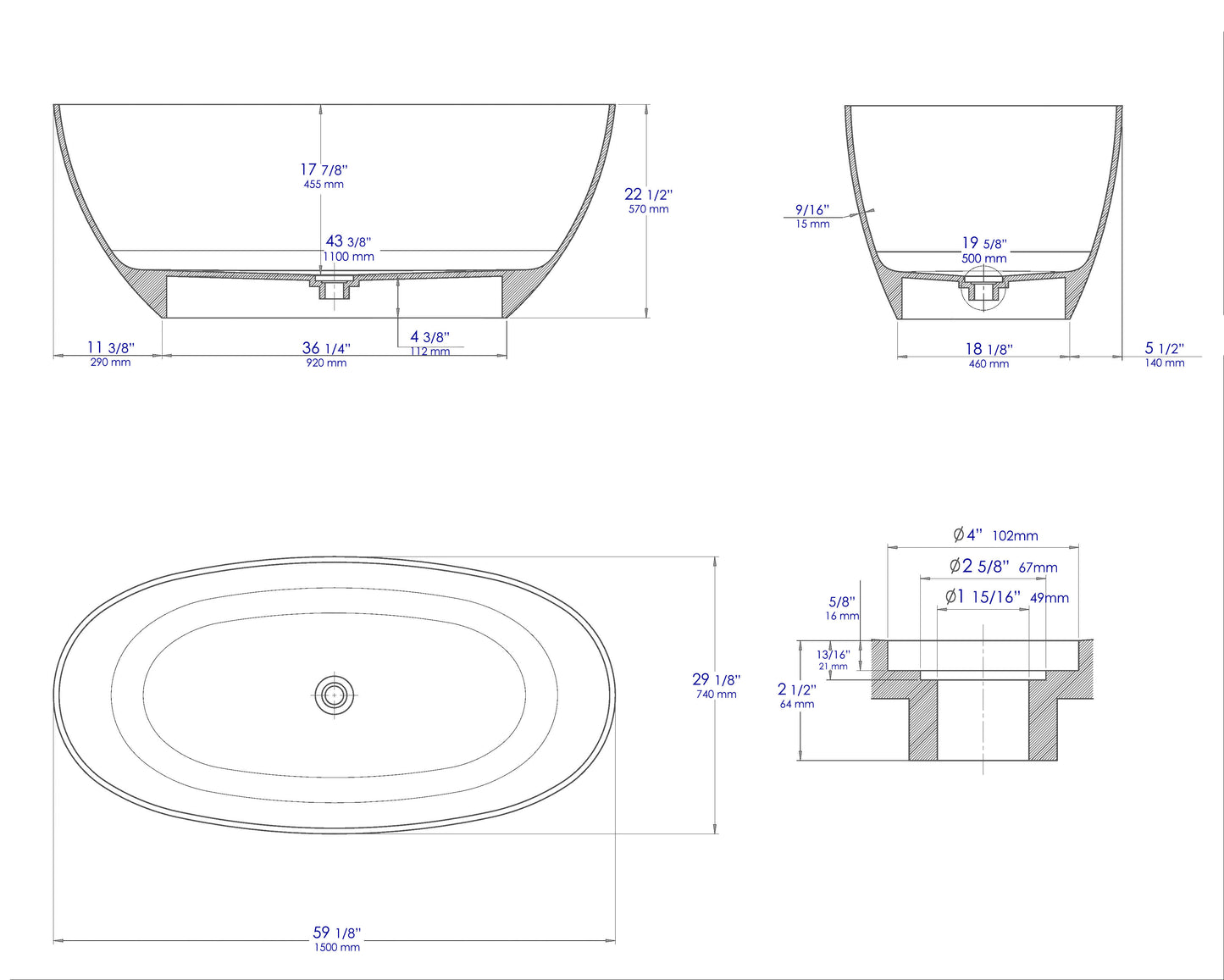 ALFI brand AB9975BM 59" Black & White Matte Oval Solid Surface Resin Soaking Bathtub